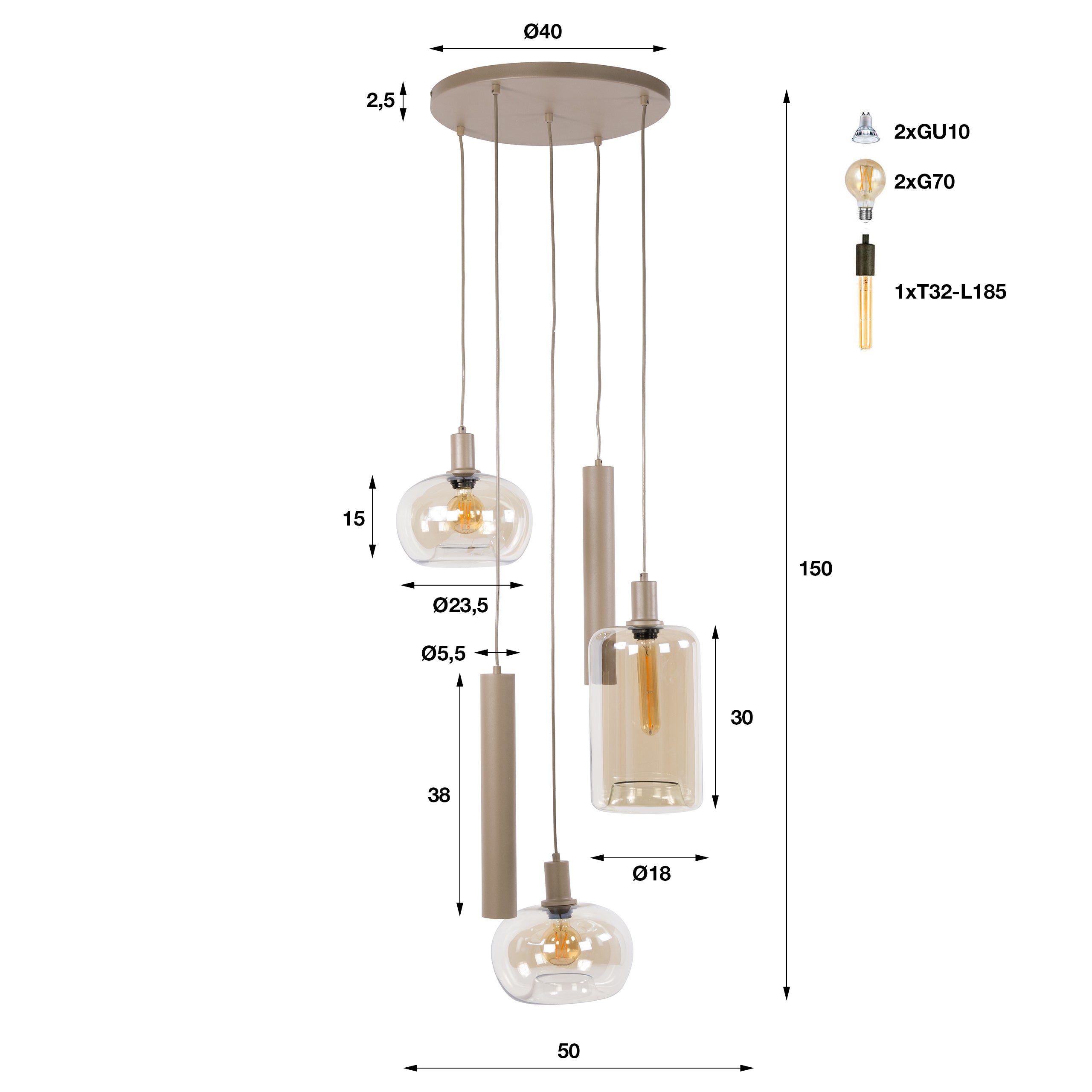Hanglamp Serene getrapt 5-lichts / Beige