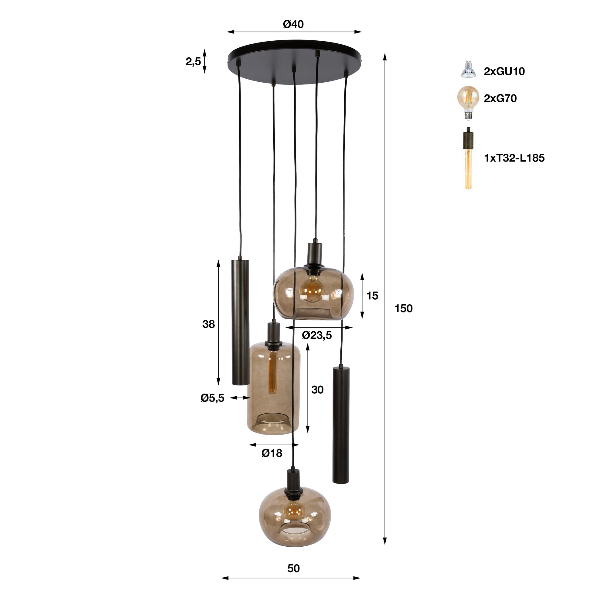 Hanglamp Serene getrapt 5-lichts / Sienna bruin