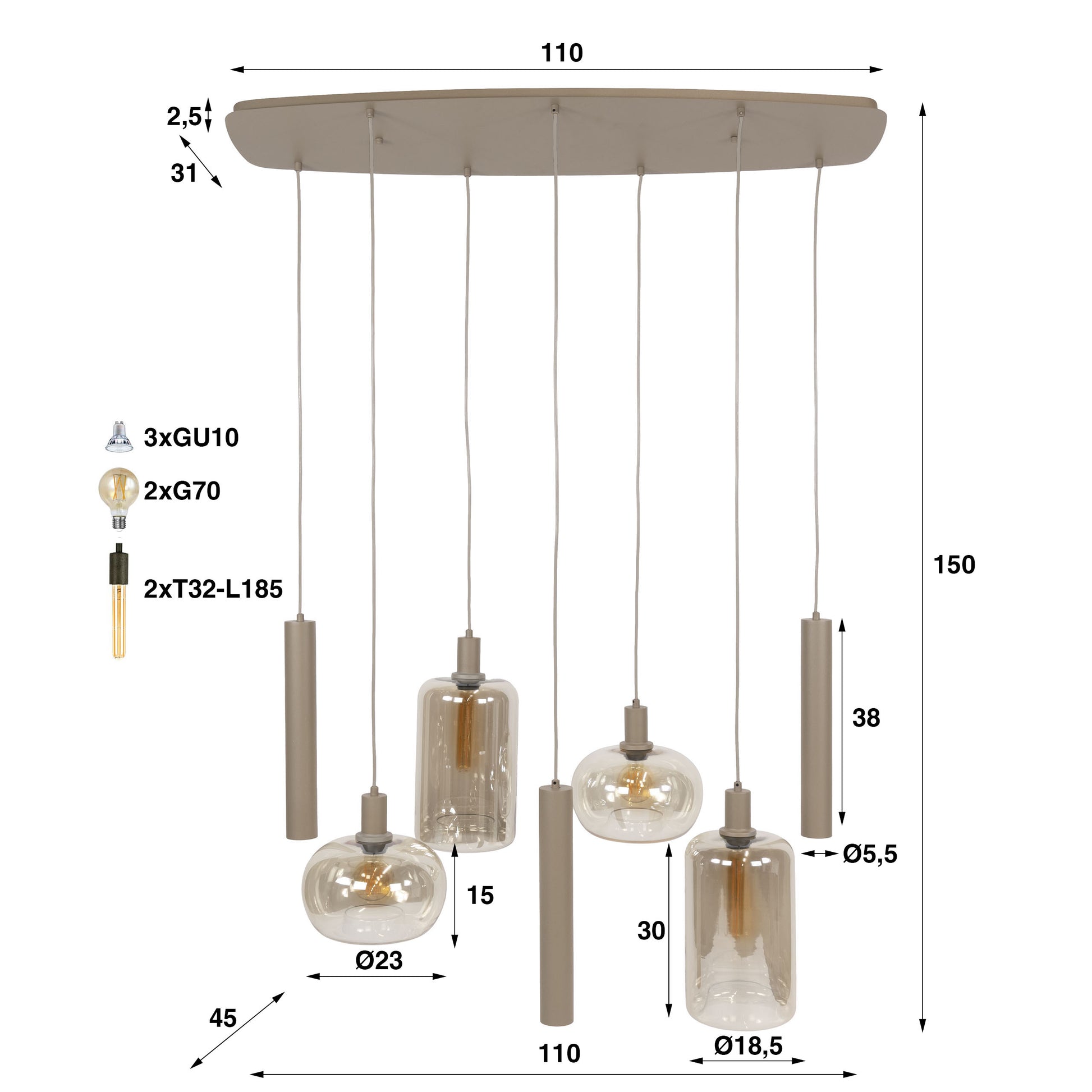 Hanglamp Serene 4+3-lichts / Beige