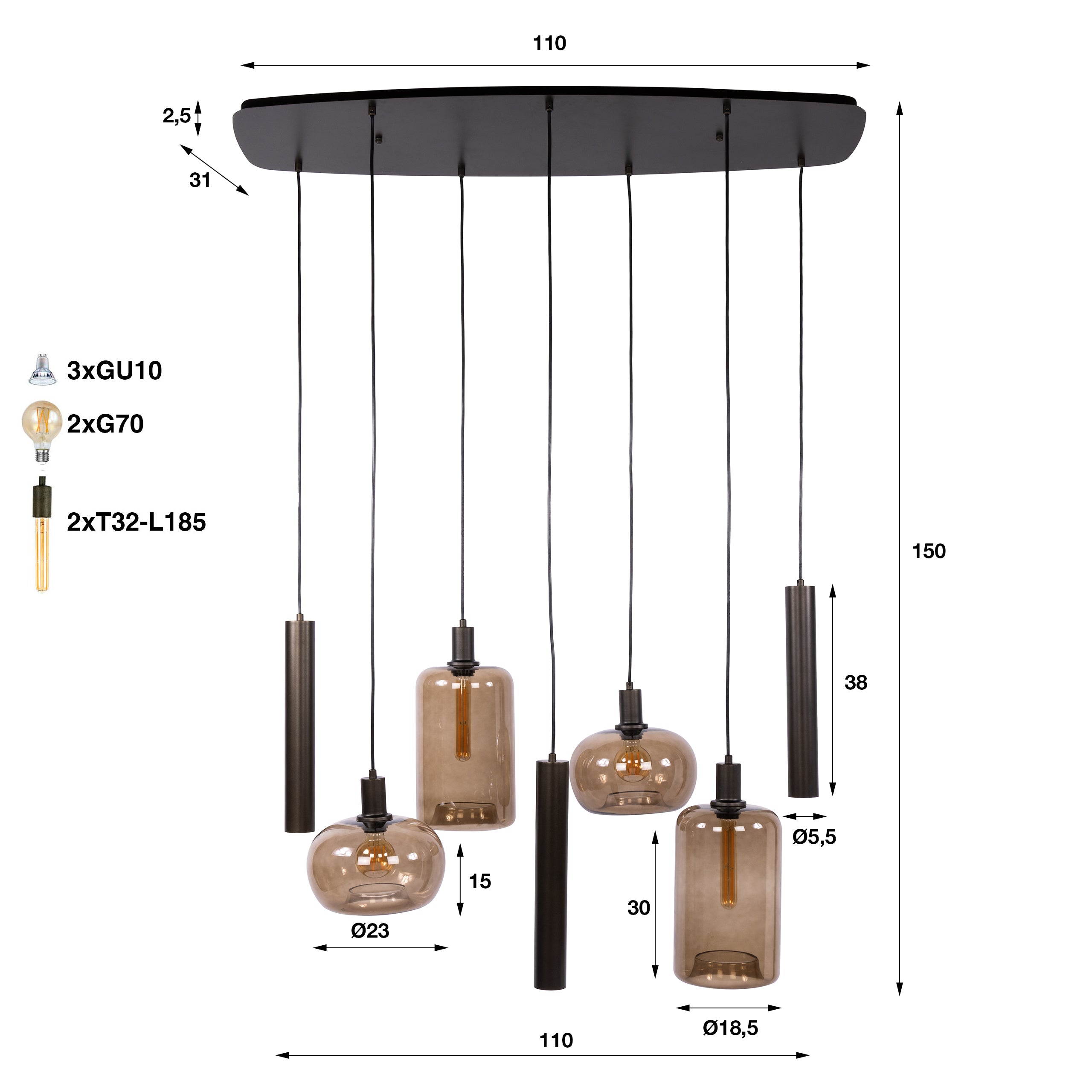 Hanglamp Serene 4+3-lichts / Sienna bruin