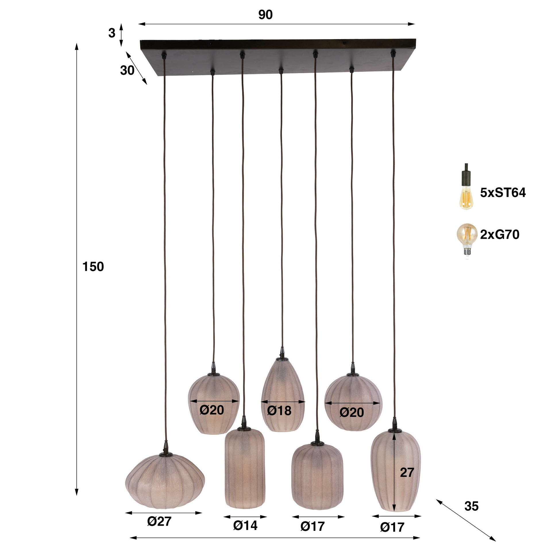 Hanglamp Altura 4+3-lichts / Sienna bruin-frosted