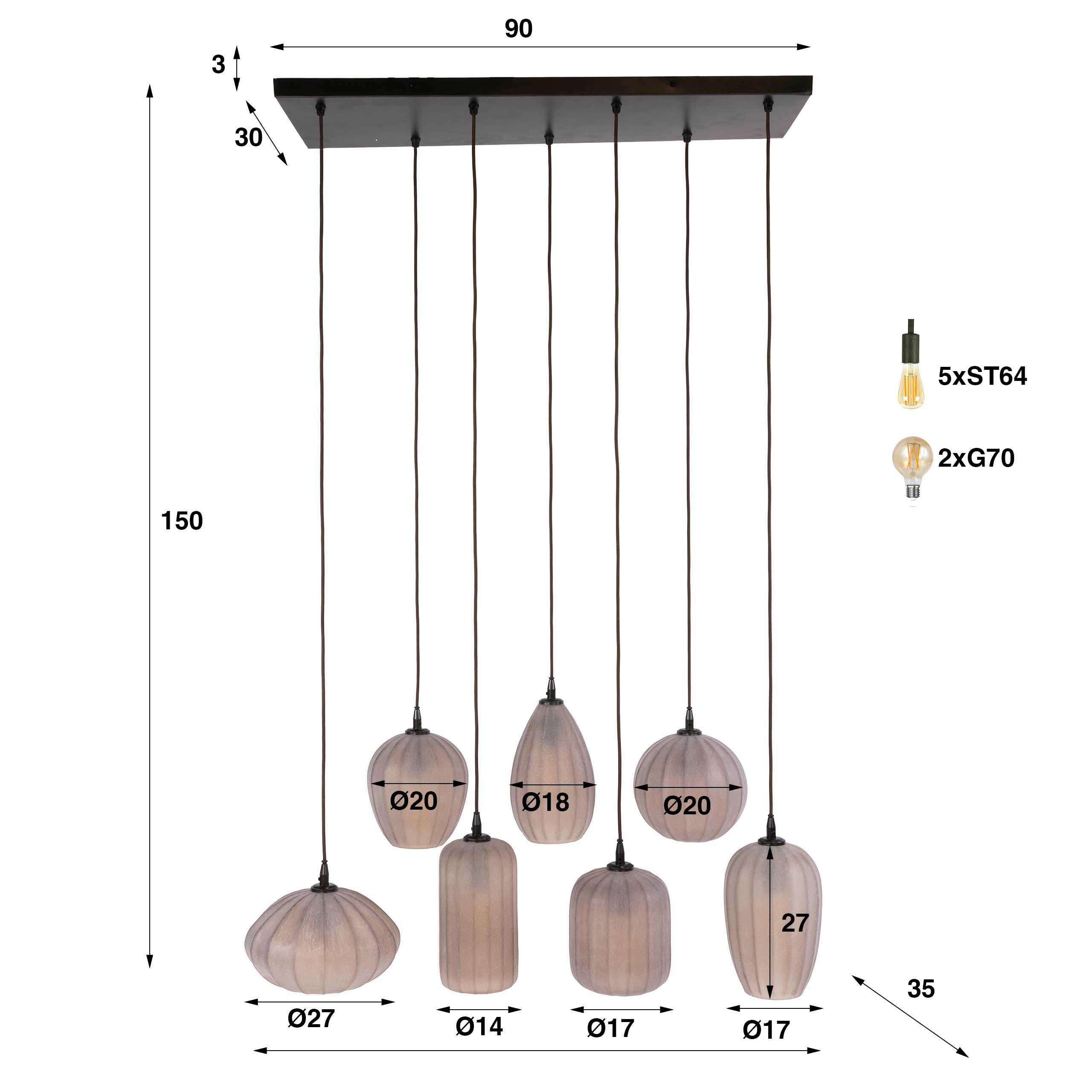 Hanglamp Altura 4+3-lichts / Sienna bruin-frosted