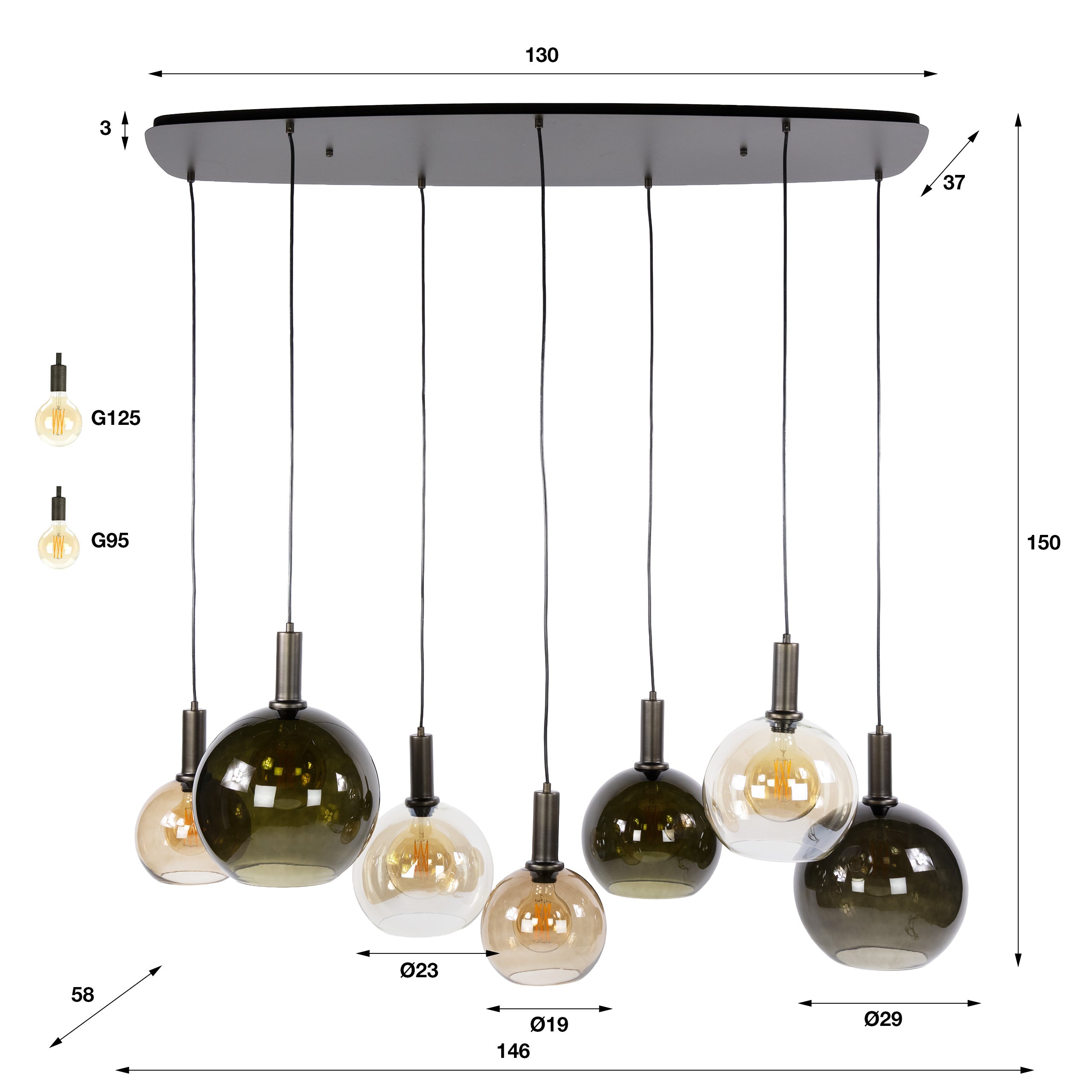 Hanglamp Moka 4+3-lichts / Multi bruin