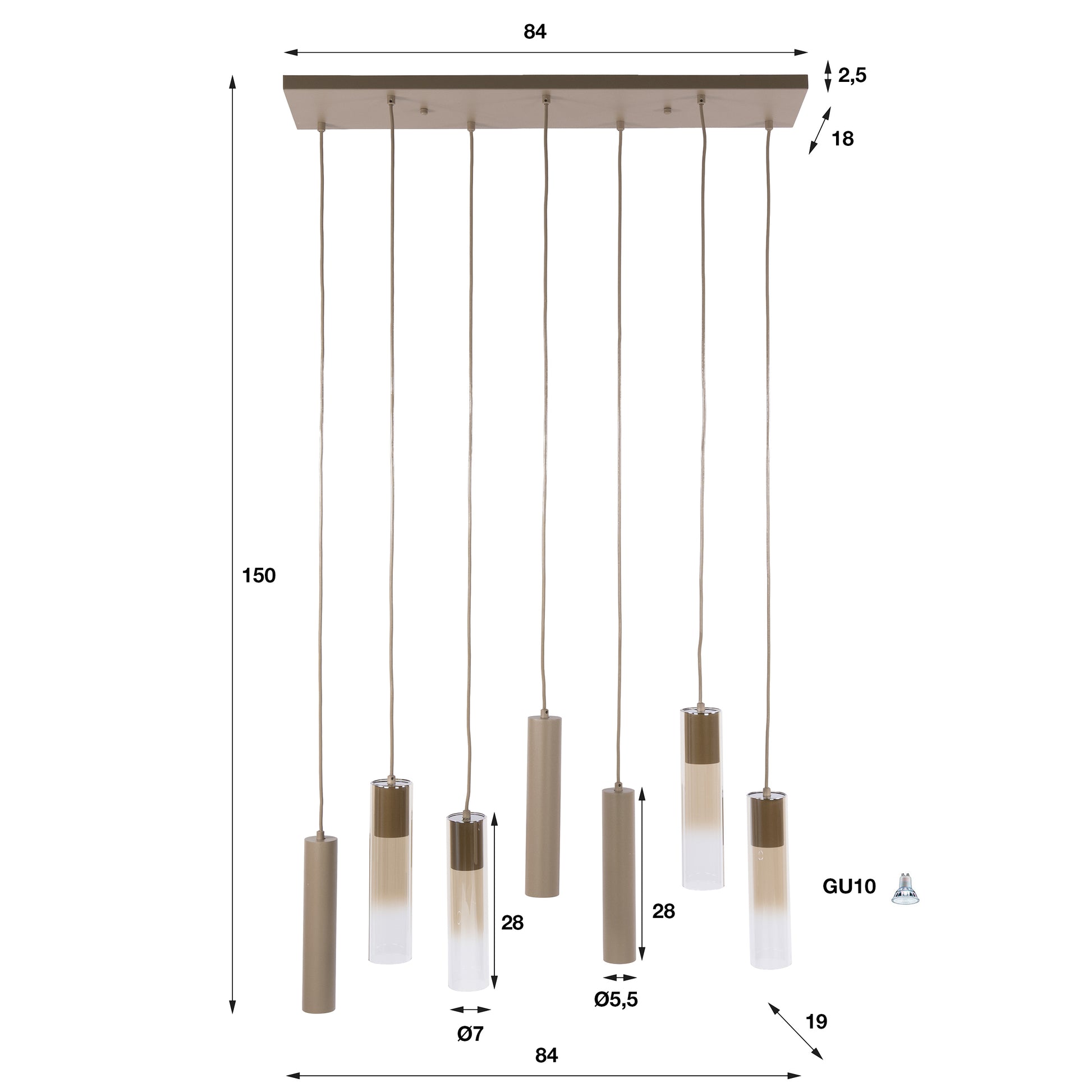 Hanglamp Lungo 4+3-lichts / Beige