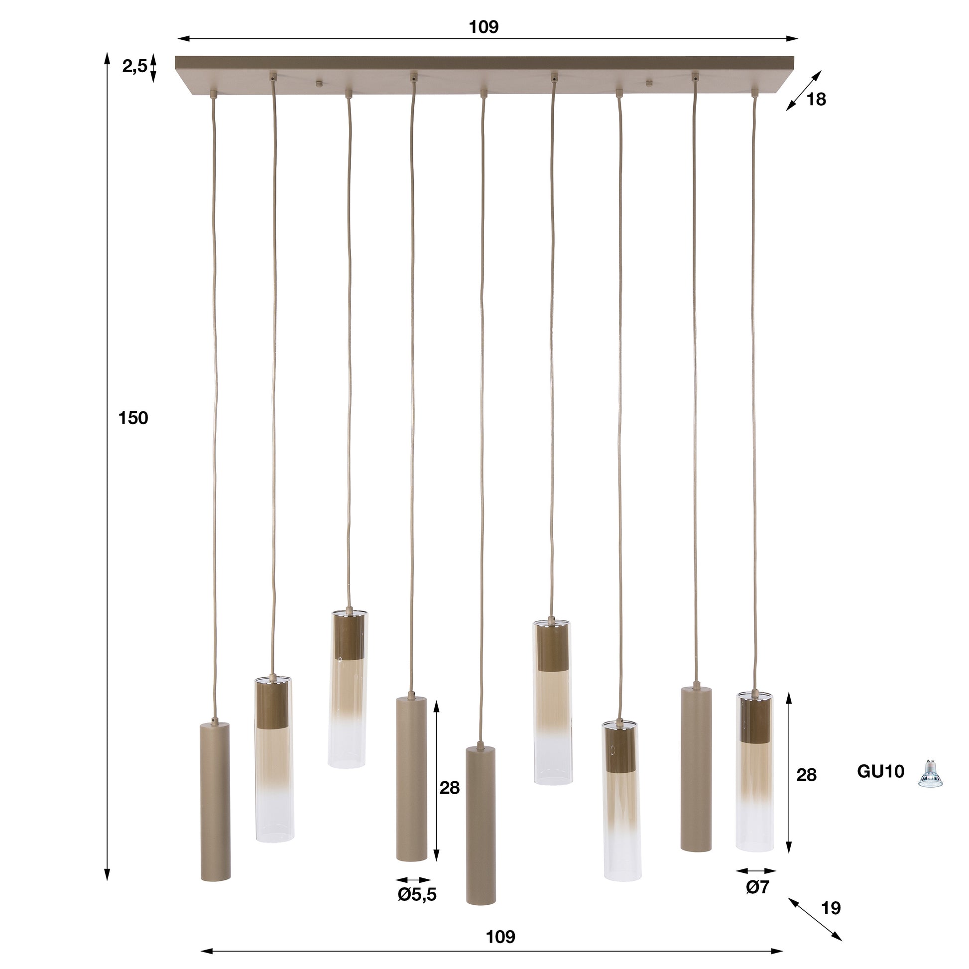 Hanglamp Lungo 5+4-lichts / Beige