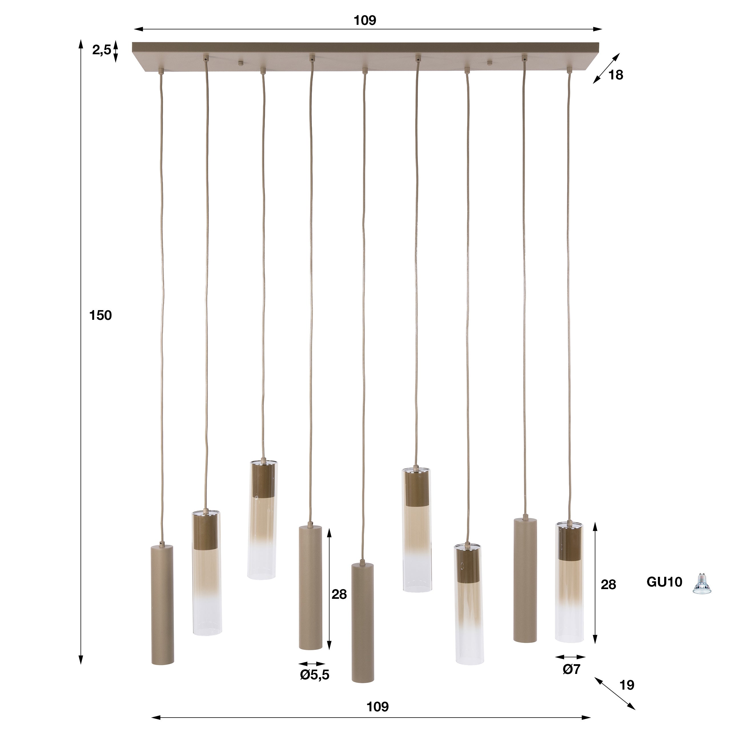 Hanglamp Lungo 5+4-lichts / Beige