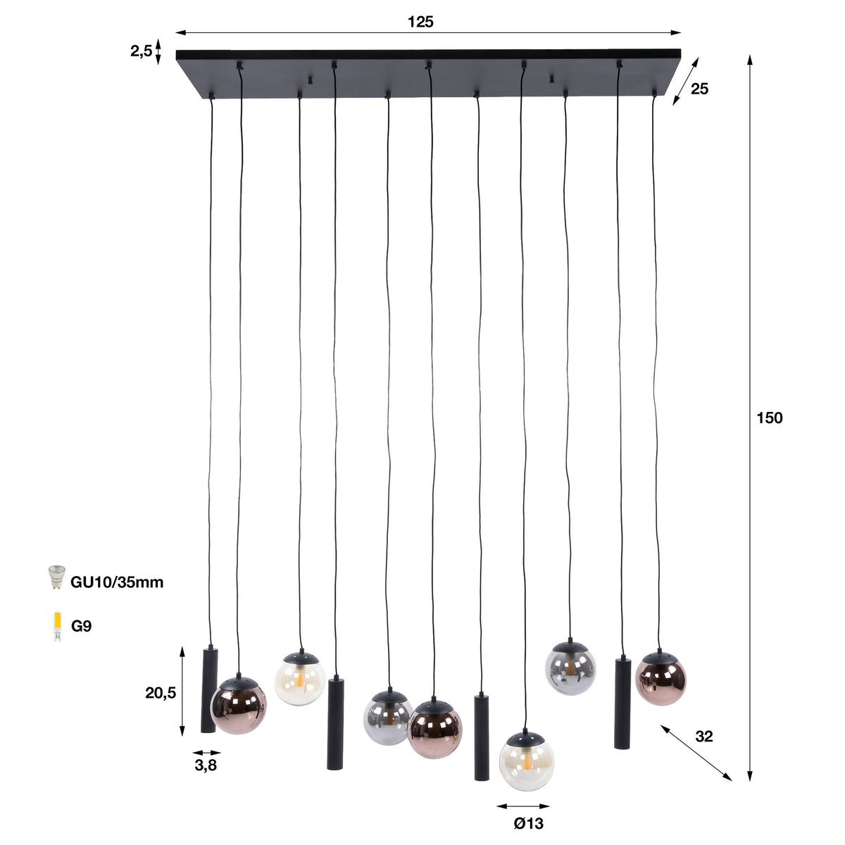 Hanglamp Orb 6+5-lichts / Zwart
