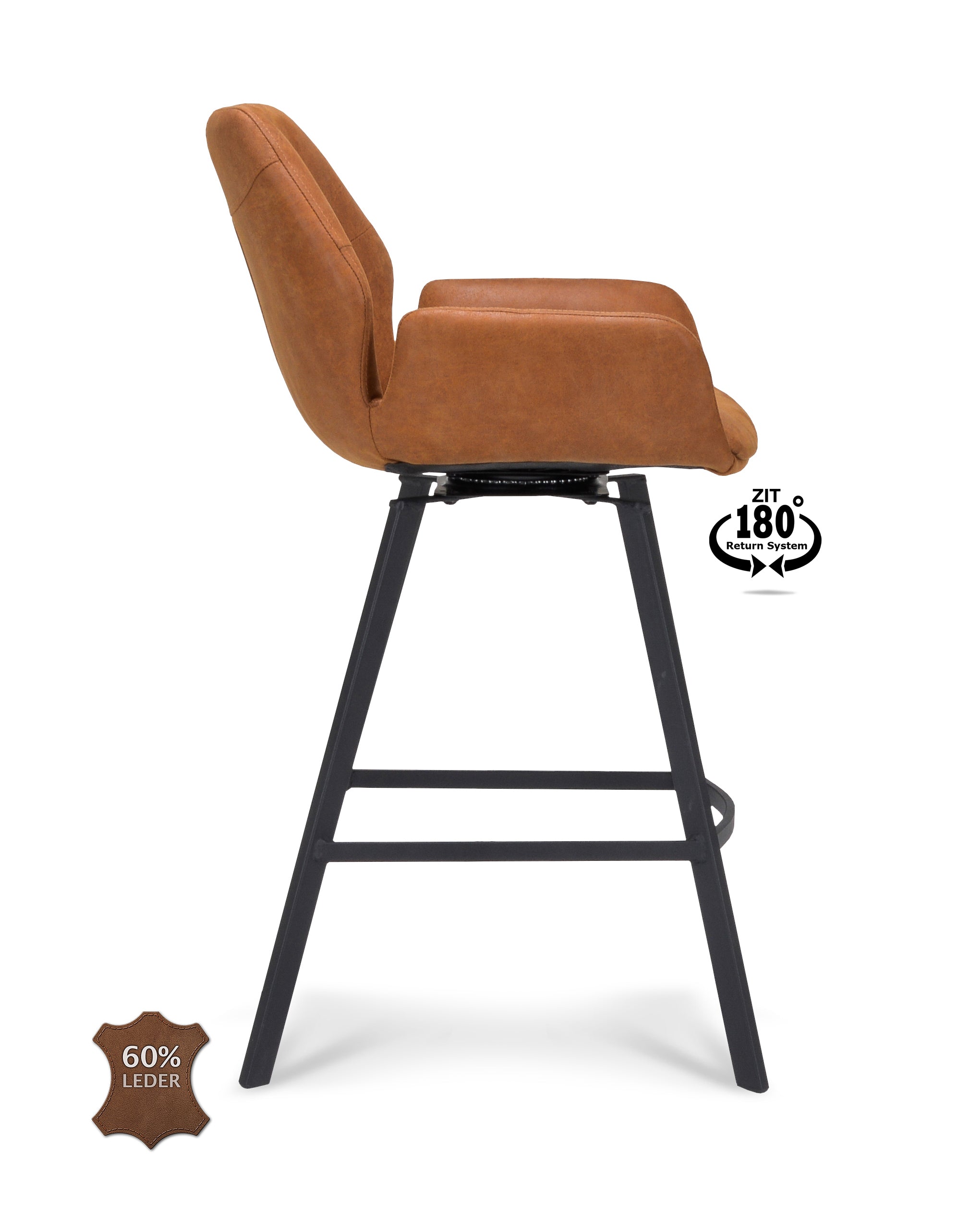 Barkruk met armleuning Luton - ZH 65 Microleder Bull Camel Poot Black 180° Return-system