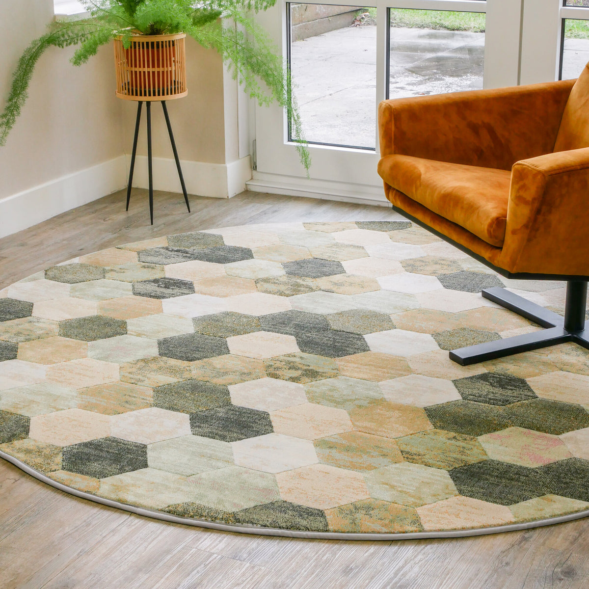 Vloerkleed Amado Groen Multicolor rond in interieur