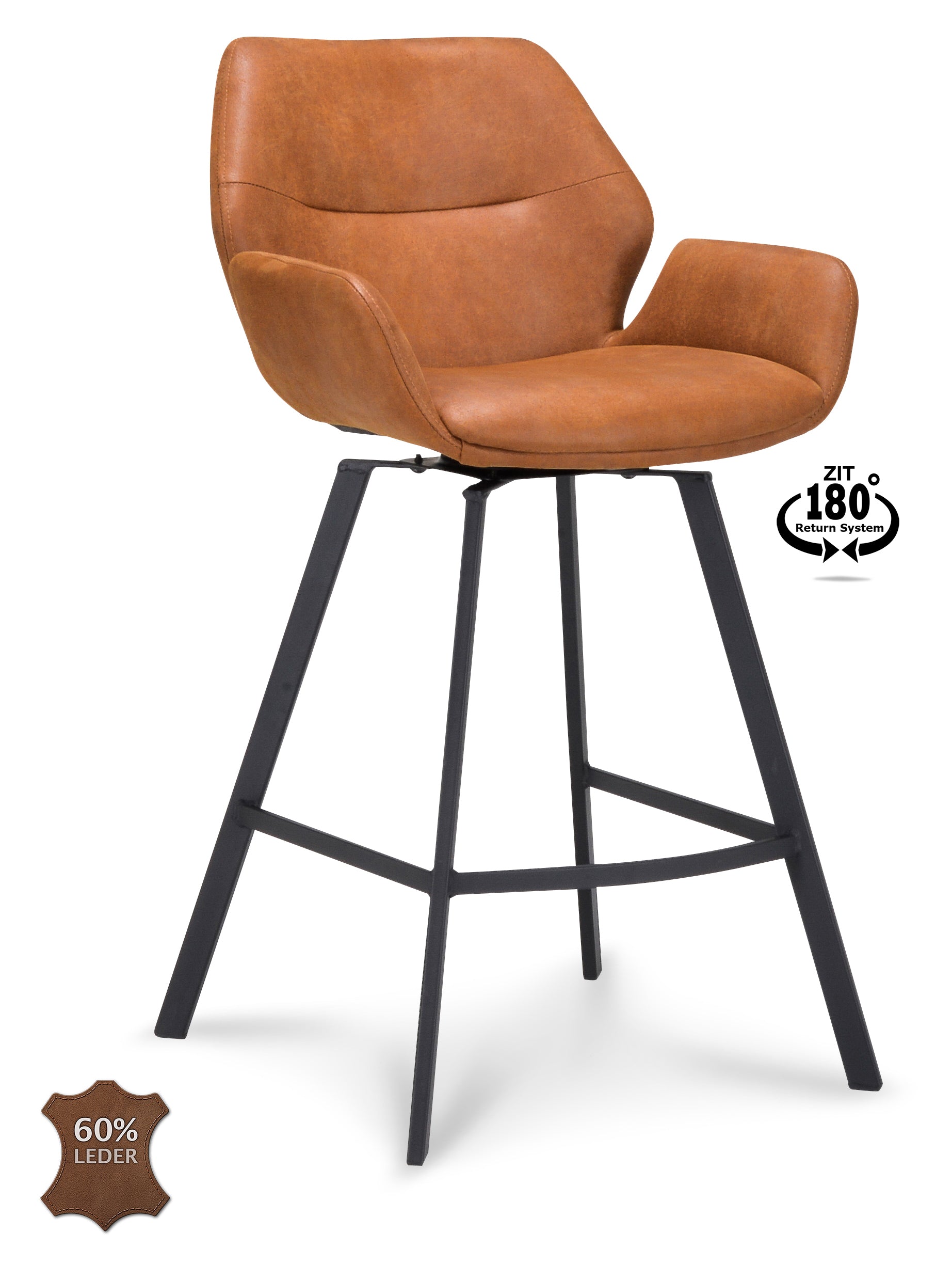 Barkruk met armleuning Luton - ZH 65 Microleder Bull Camel Poot Black 180° Return-system