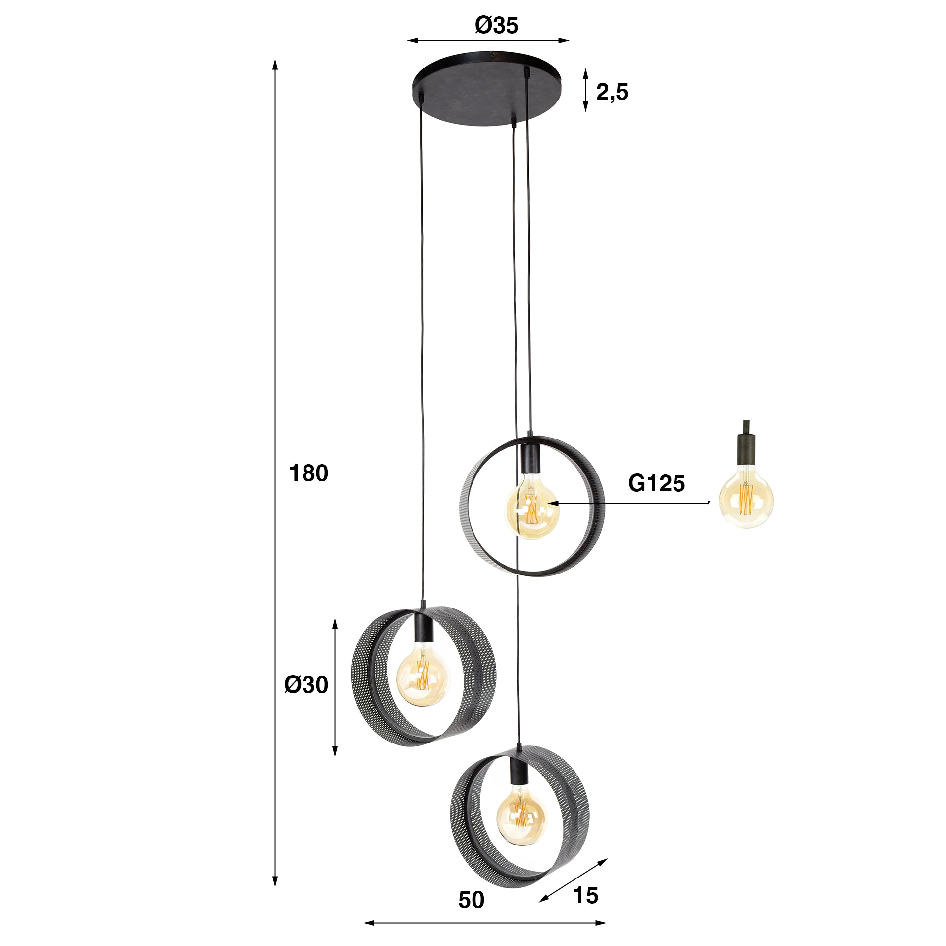 Hanglamp Ring Mesh Getrapt 3 Lichts Charcoal