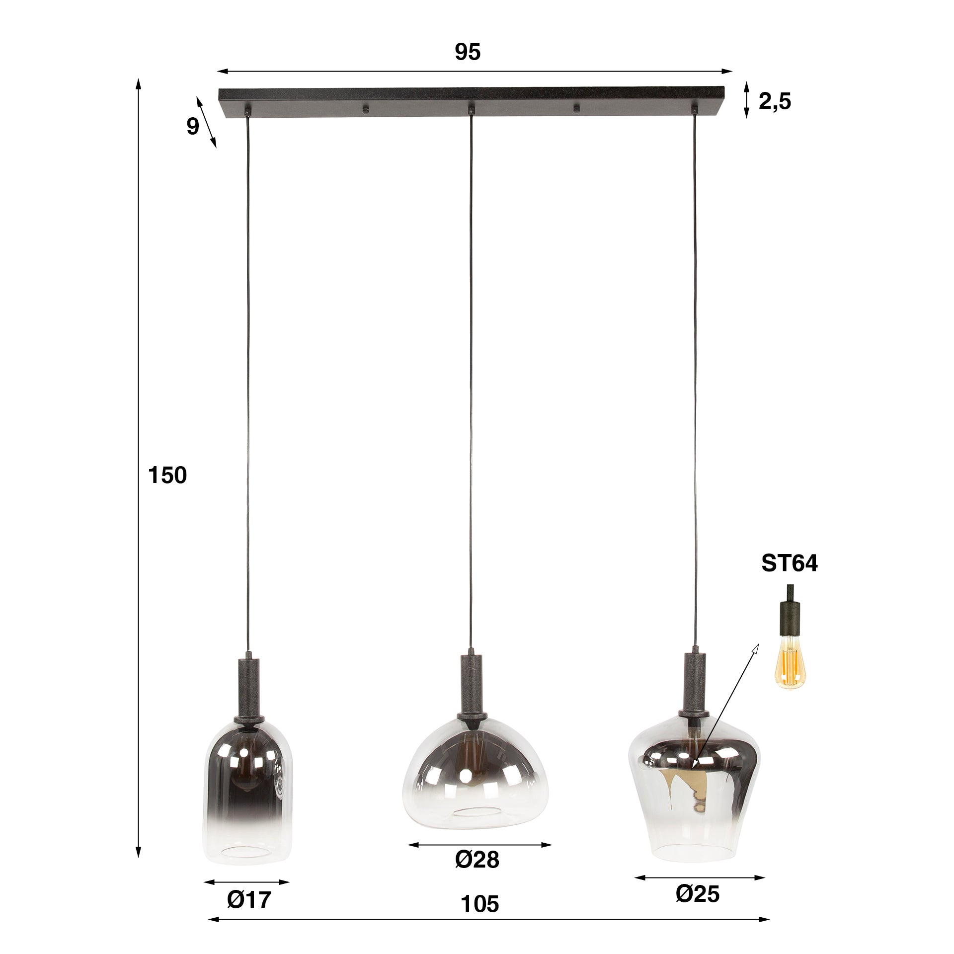 Hanglamp Zenith 3 Lichts Artic Zwart