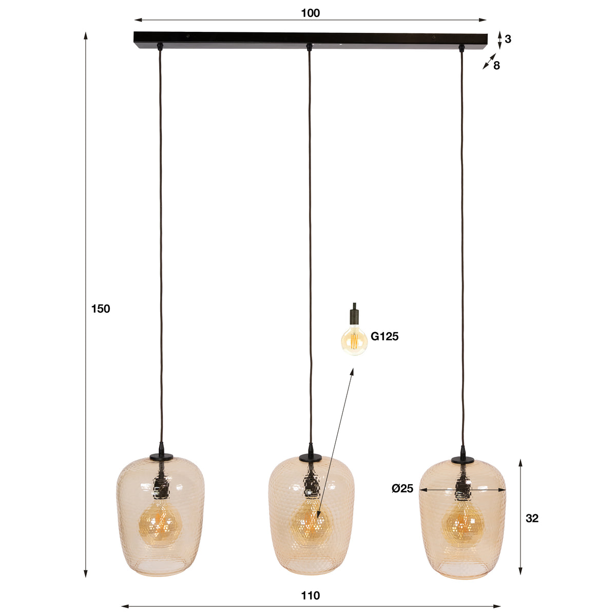 Hanglamp Python 3-lichts / Amber glas