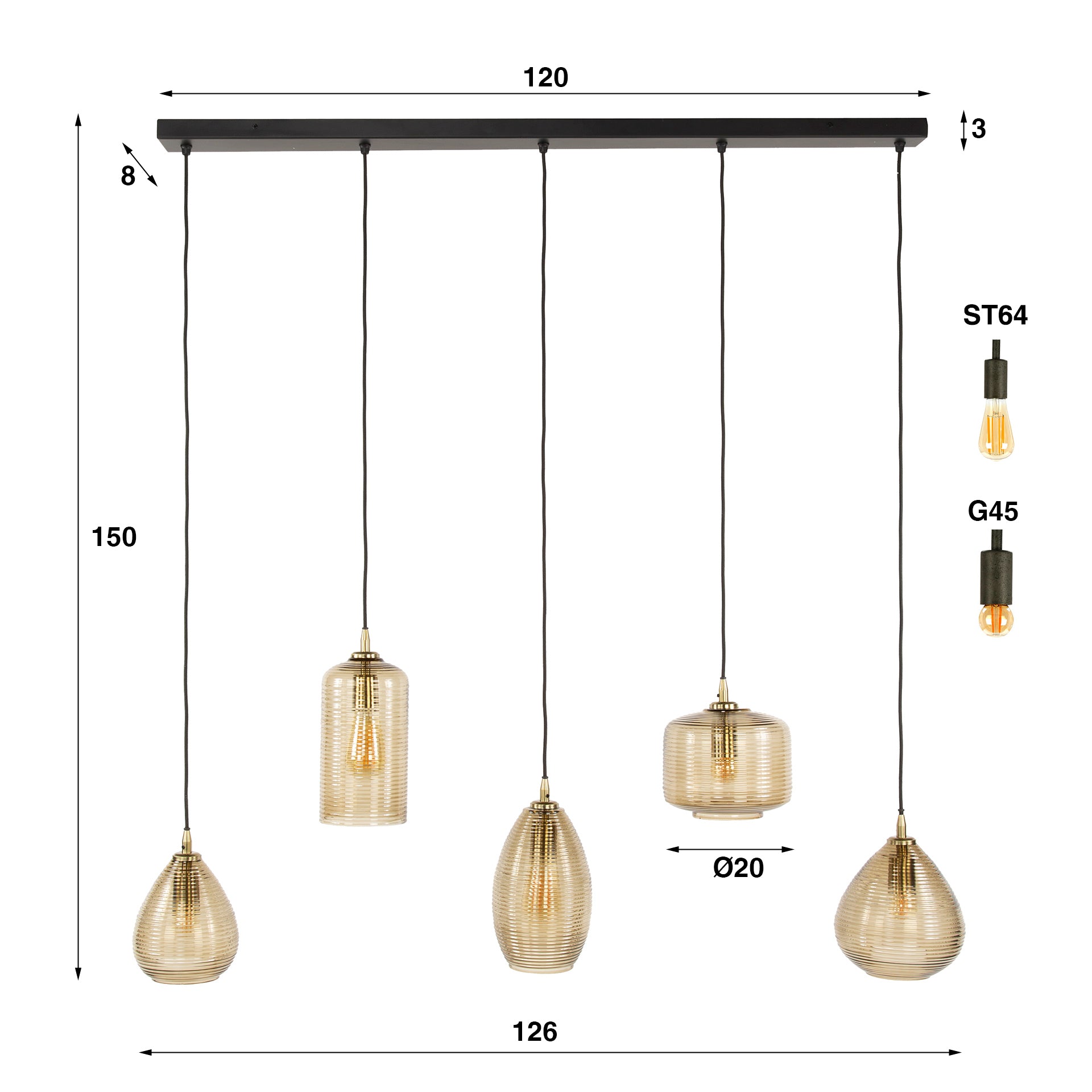 Hanglamp Stripe Horizontal 5 Lichts Smoke Bruin Glas