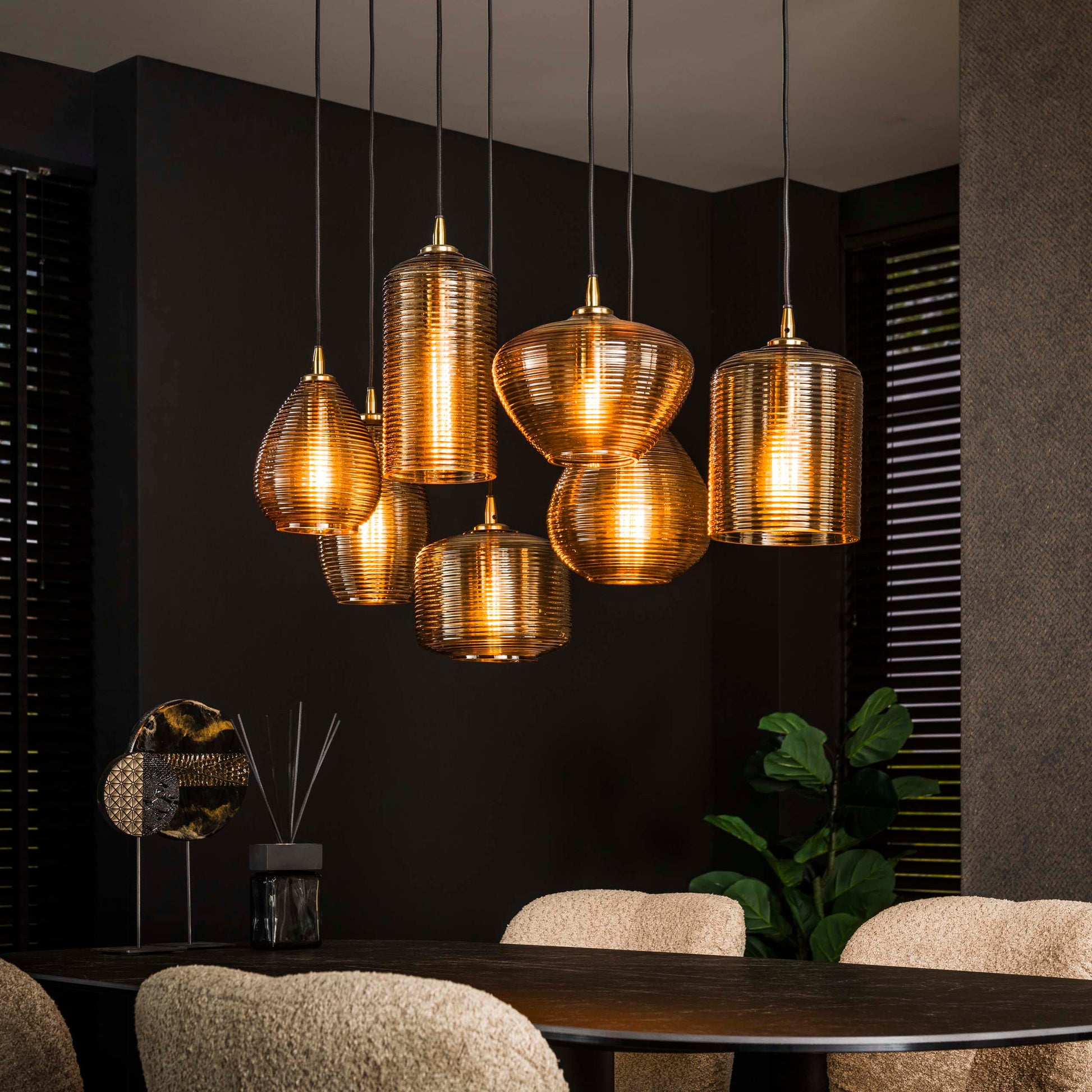 Hanglamp Stripe Horizontal 4+3-lichts / Amber glas