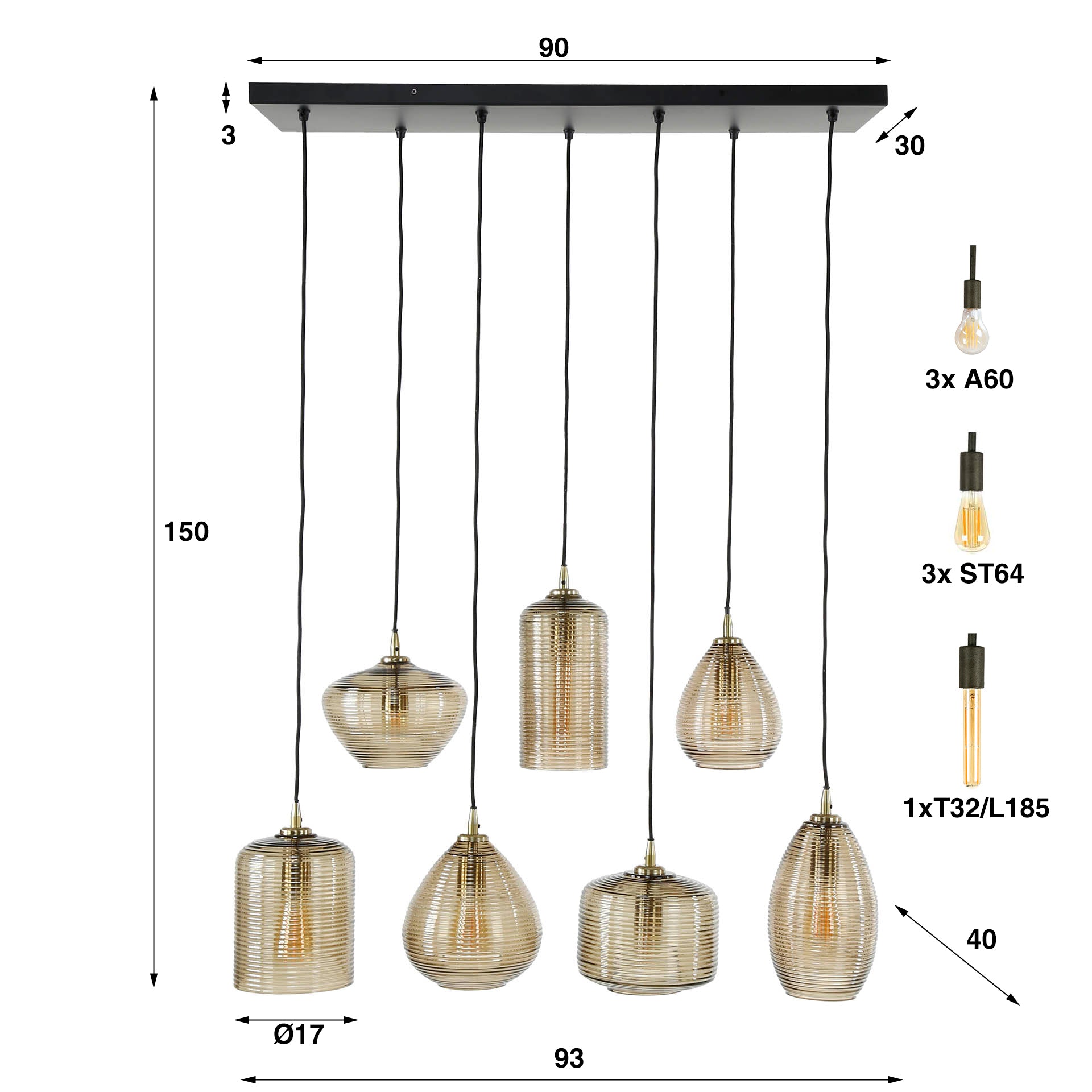 Hanglamp Stripe Horizontal 4 3 Lichts Amber Glas