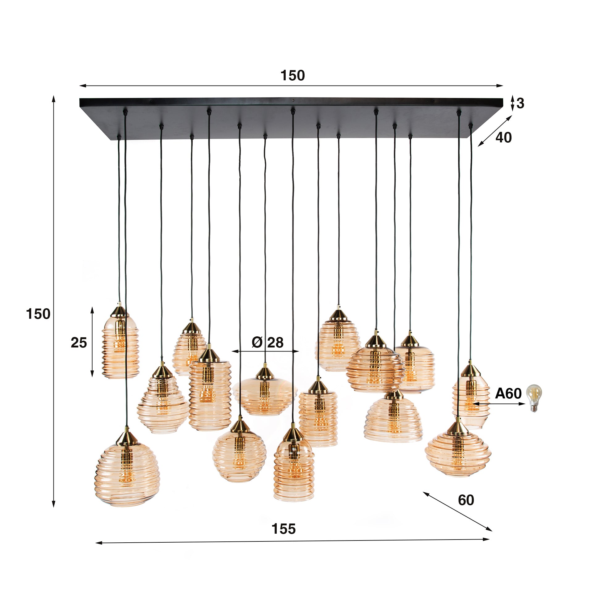 Hanglamp Rib Glass 5 5 5 Lichts Amber Glas