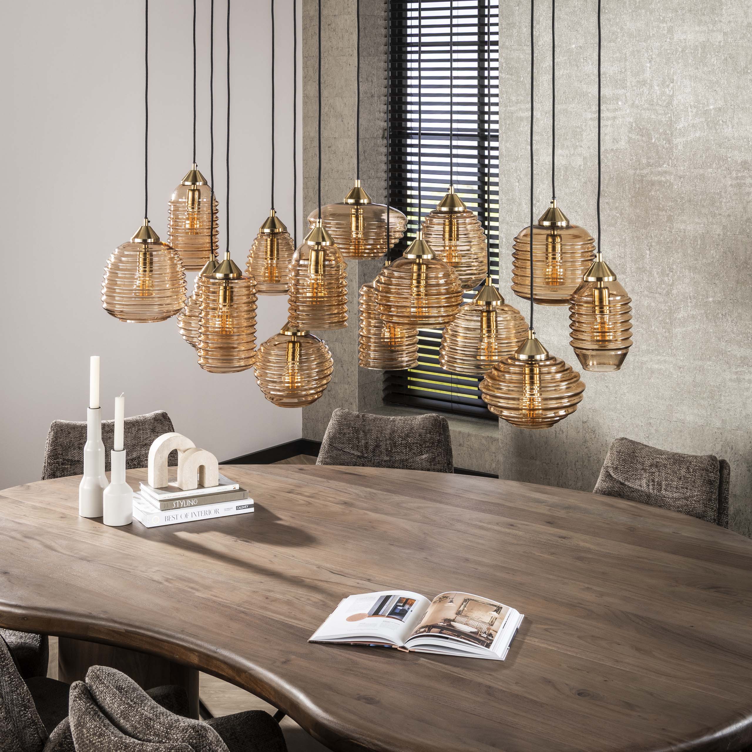 Hanglamp Rib Glass 5 5 5 Lichts Amber Glas