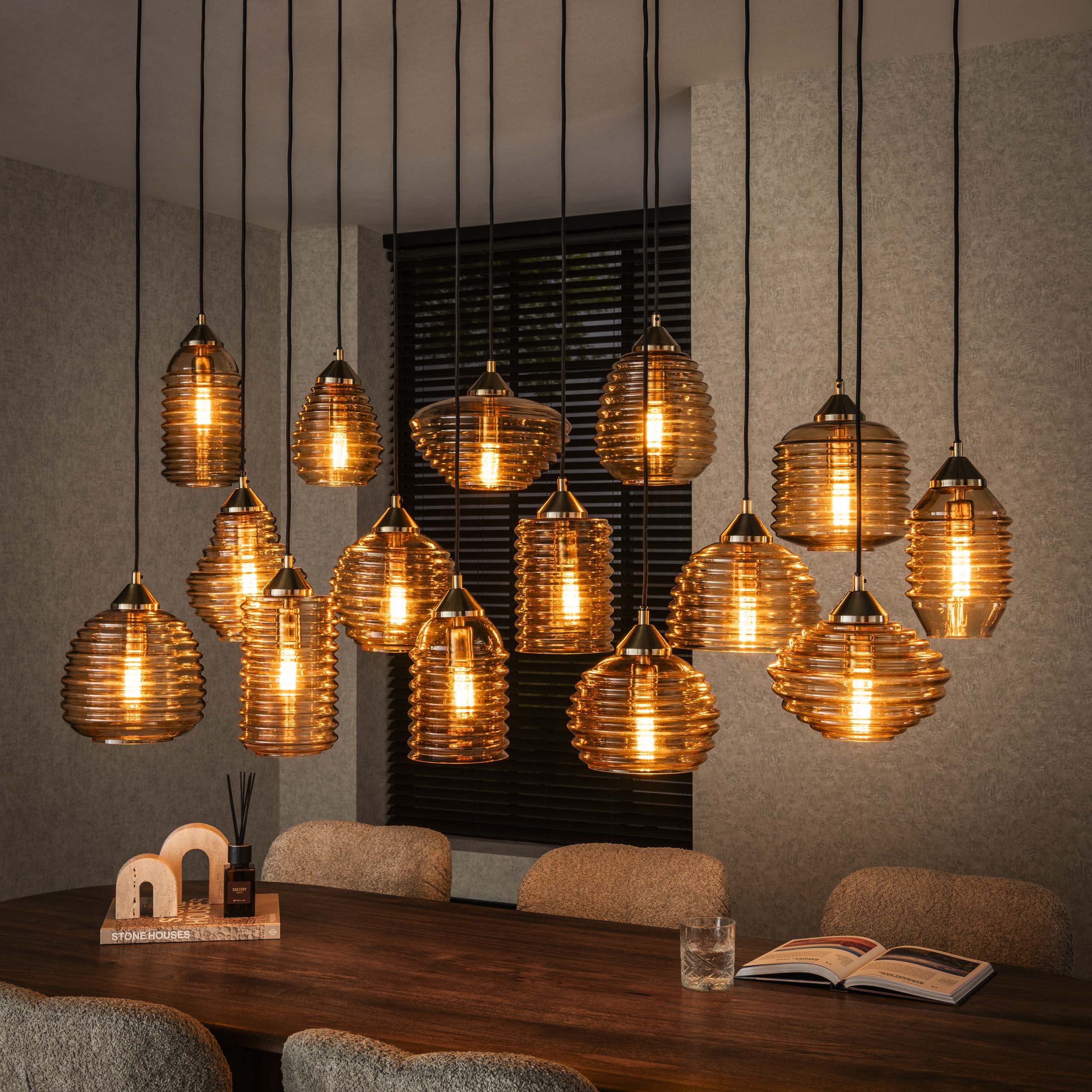 Hanglamp Rib Glass 5 5 5 Lichts Amber Glas