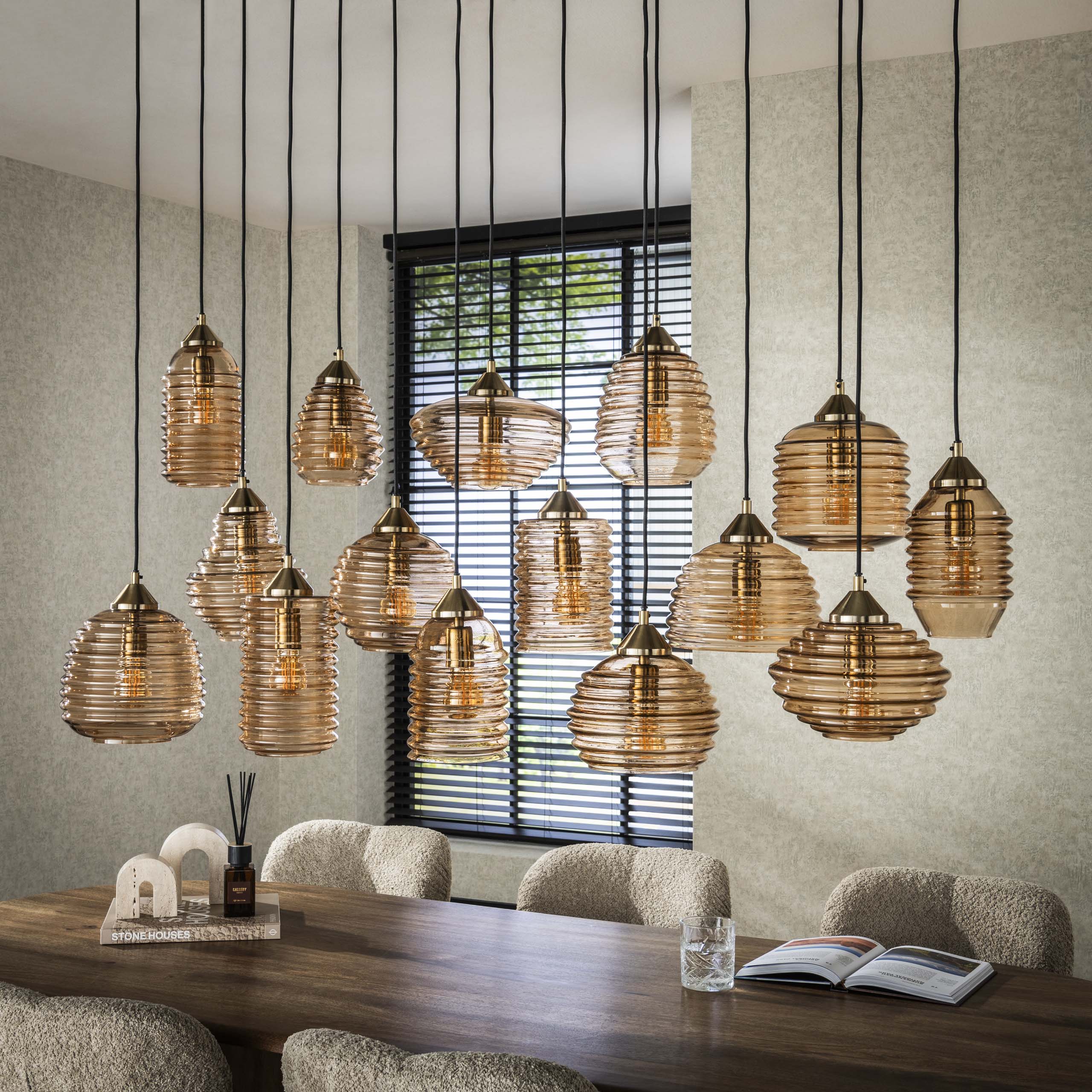 Hanglamp Rib Glass 5 5 5 Lichts Amber Glas