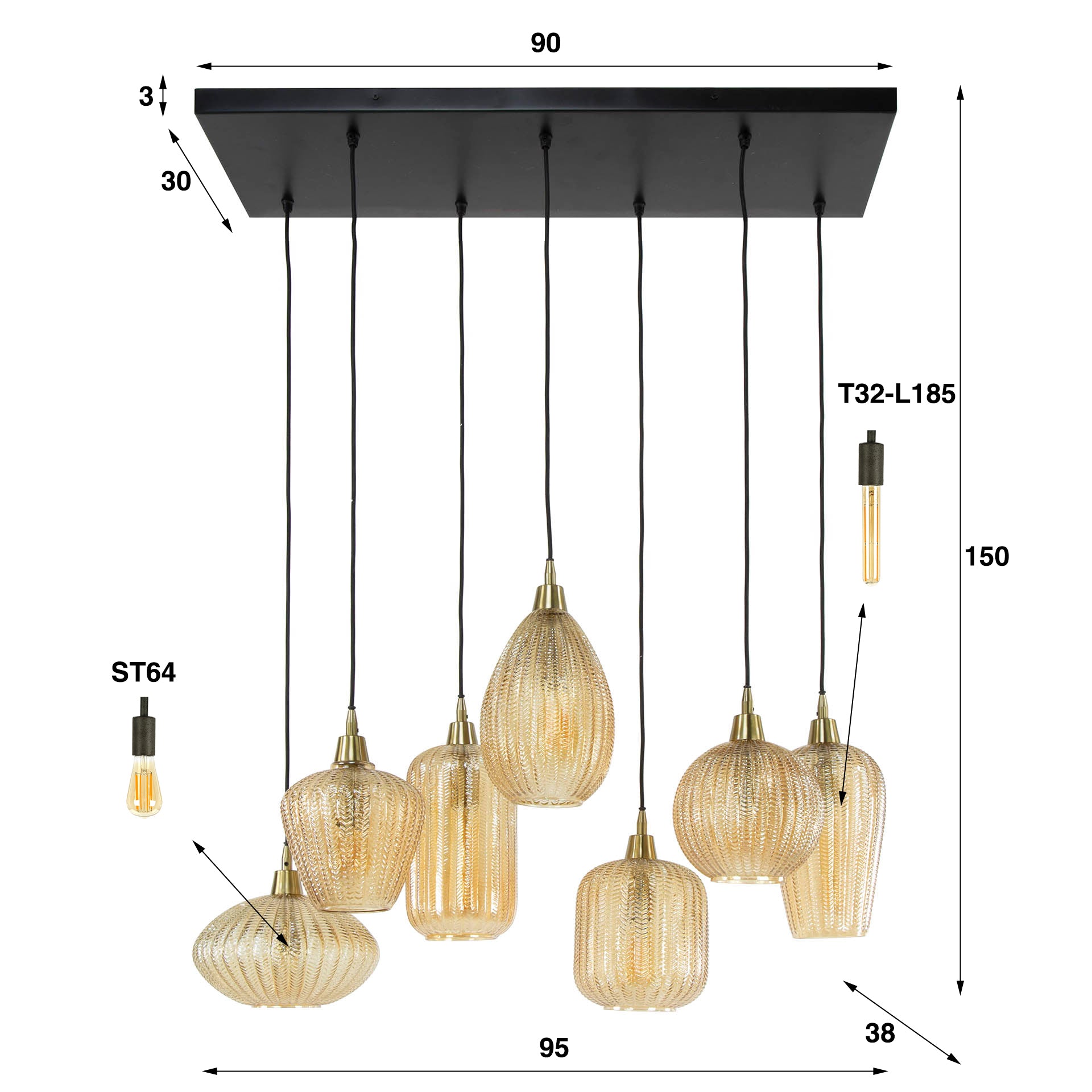 Hanglamp V Shape 4 3 Lichts Amber Glas