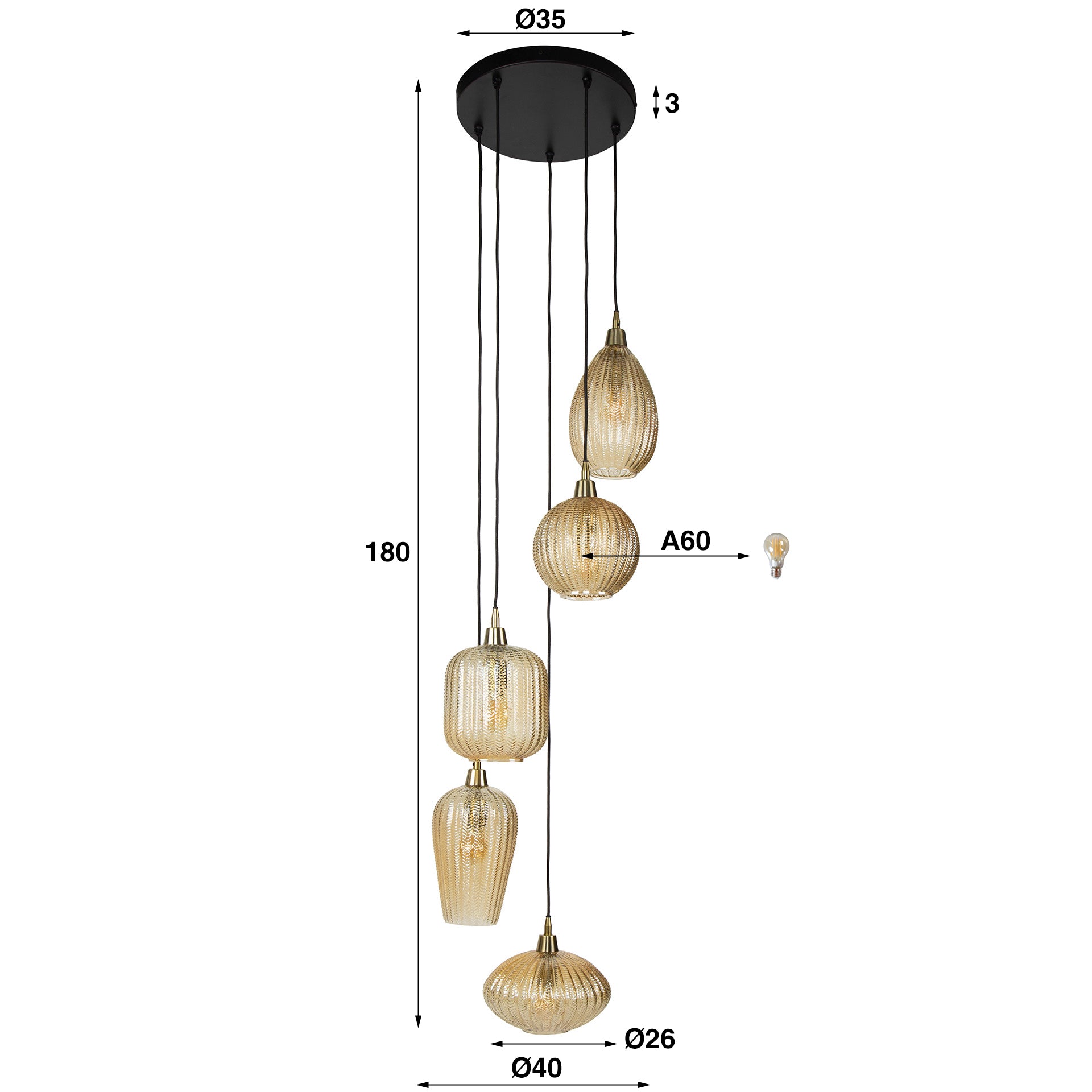 Hanglamp V Shape Getrapt 5 Lichts Amber Glas