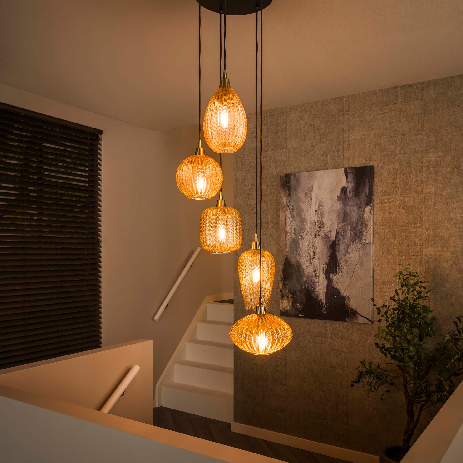 Hanglamp V-Shape getrapt 5-lichts / Amber glas