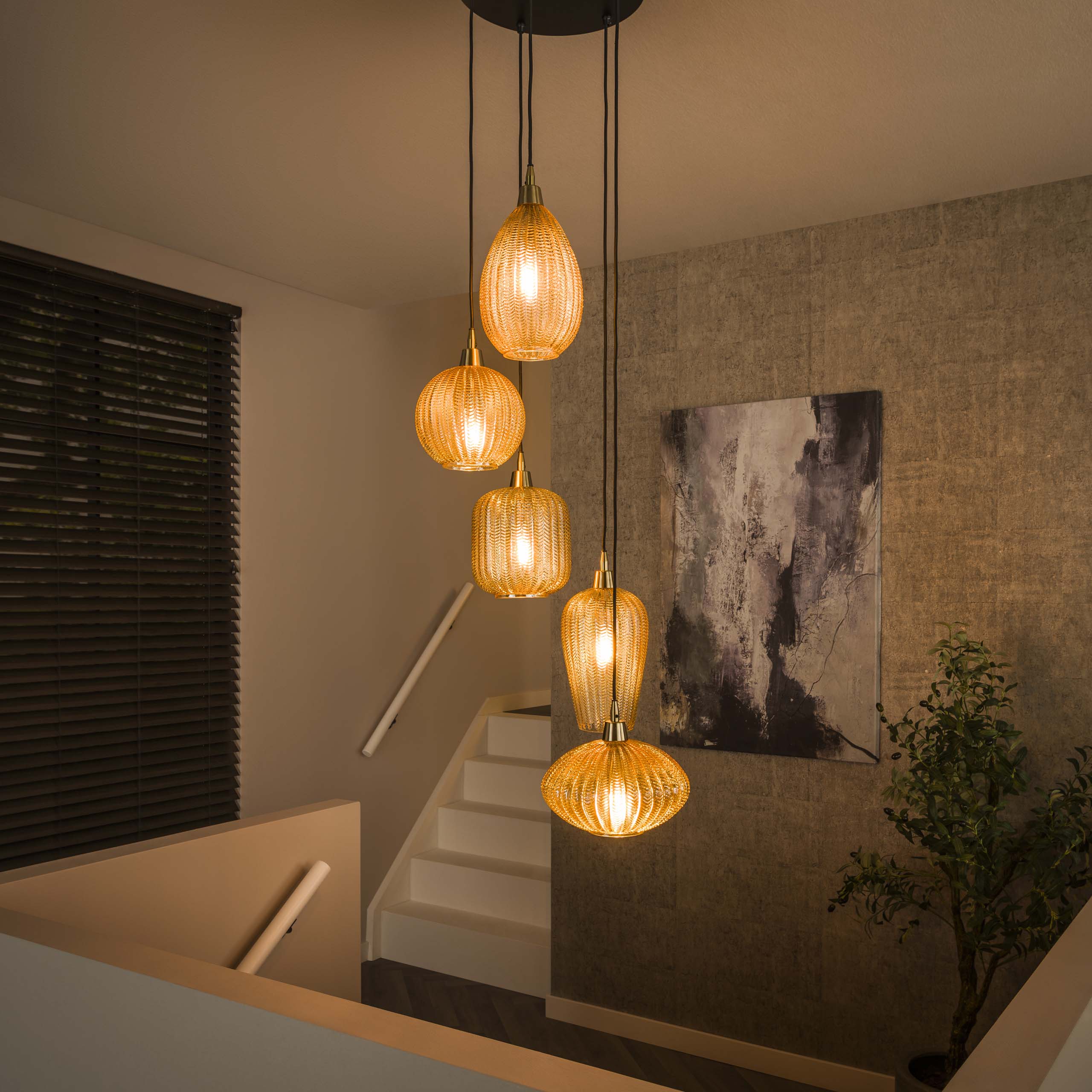 Hanglamp V-Shape getrapt 5-lichts / Amber glas