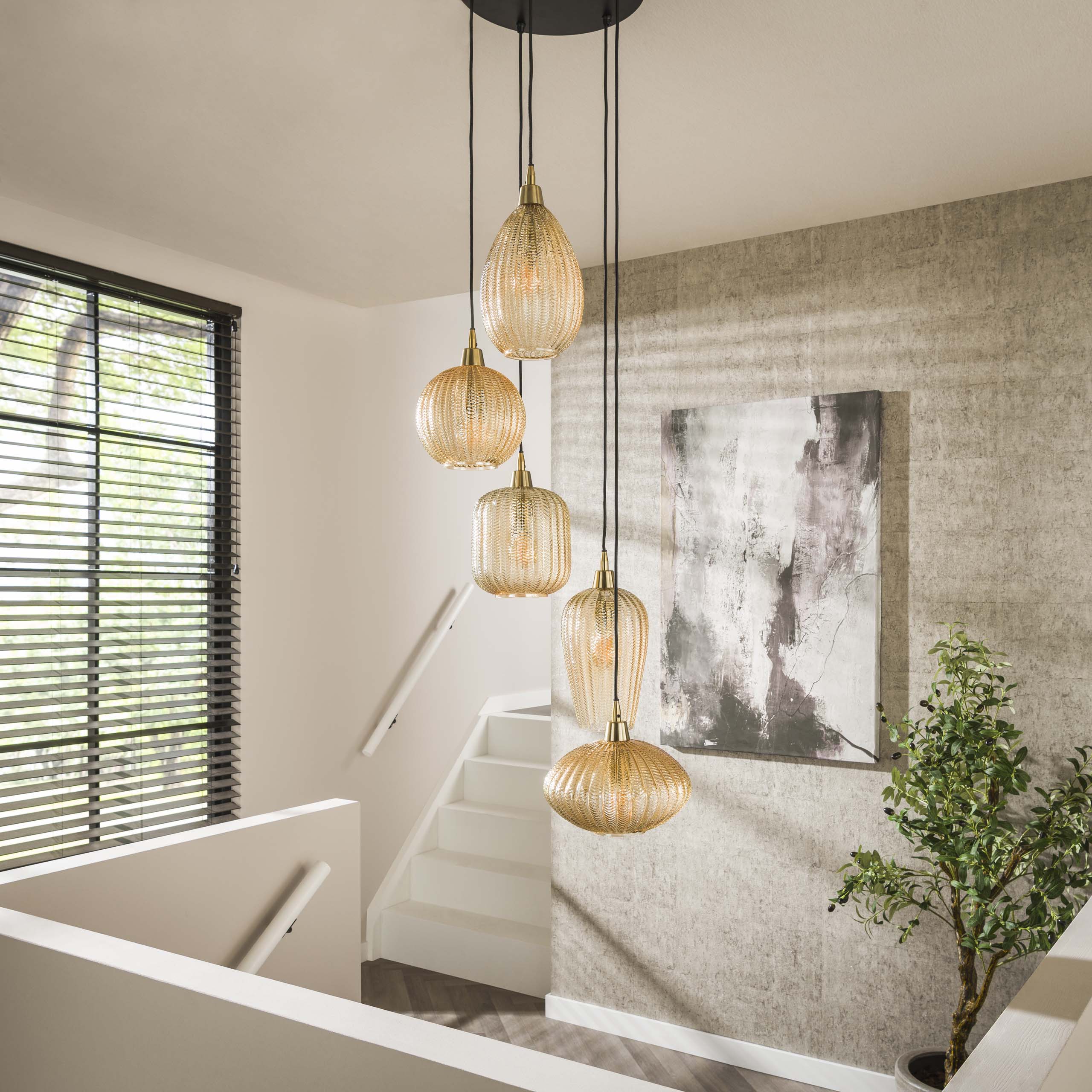 Hanglamp V Shape Getrapt 5 Lichts Amber Glas