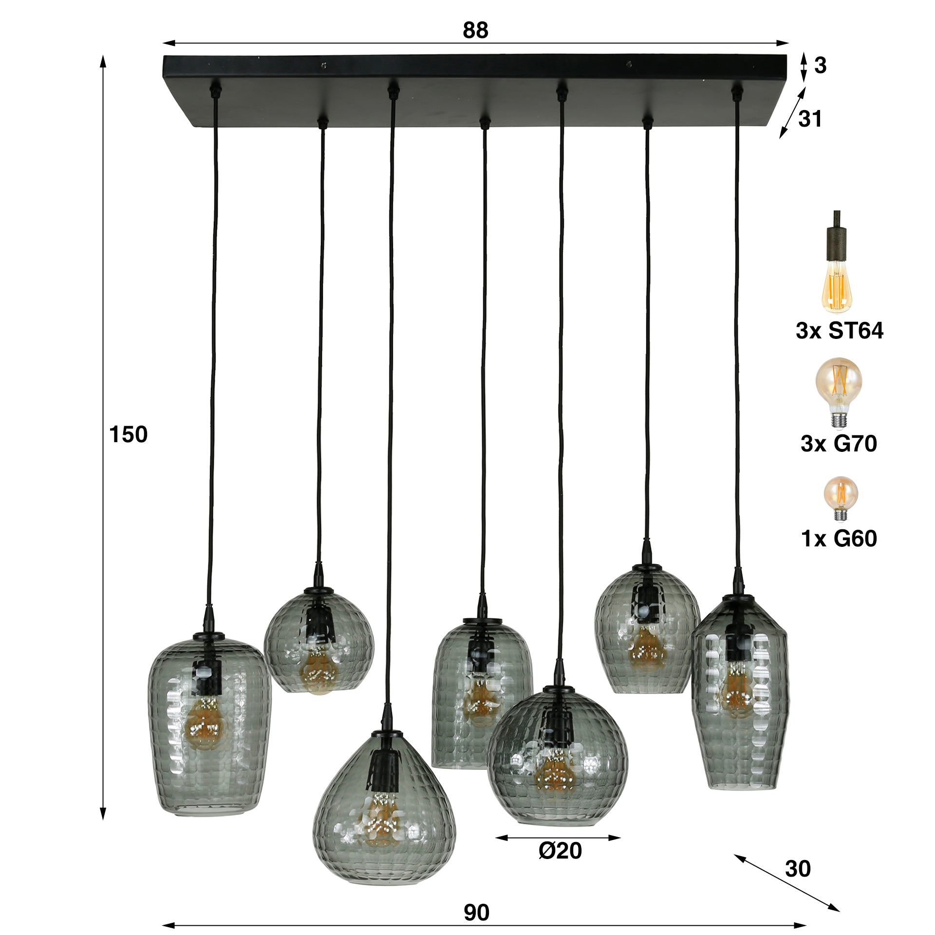 Hanglamp Hexagon 4 3 Lichts Smoke Grey Glas