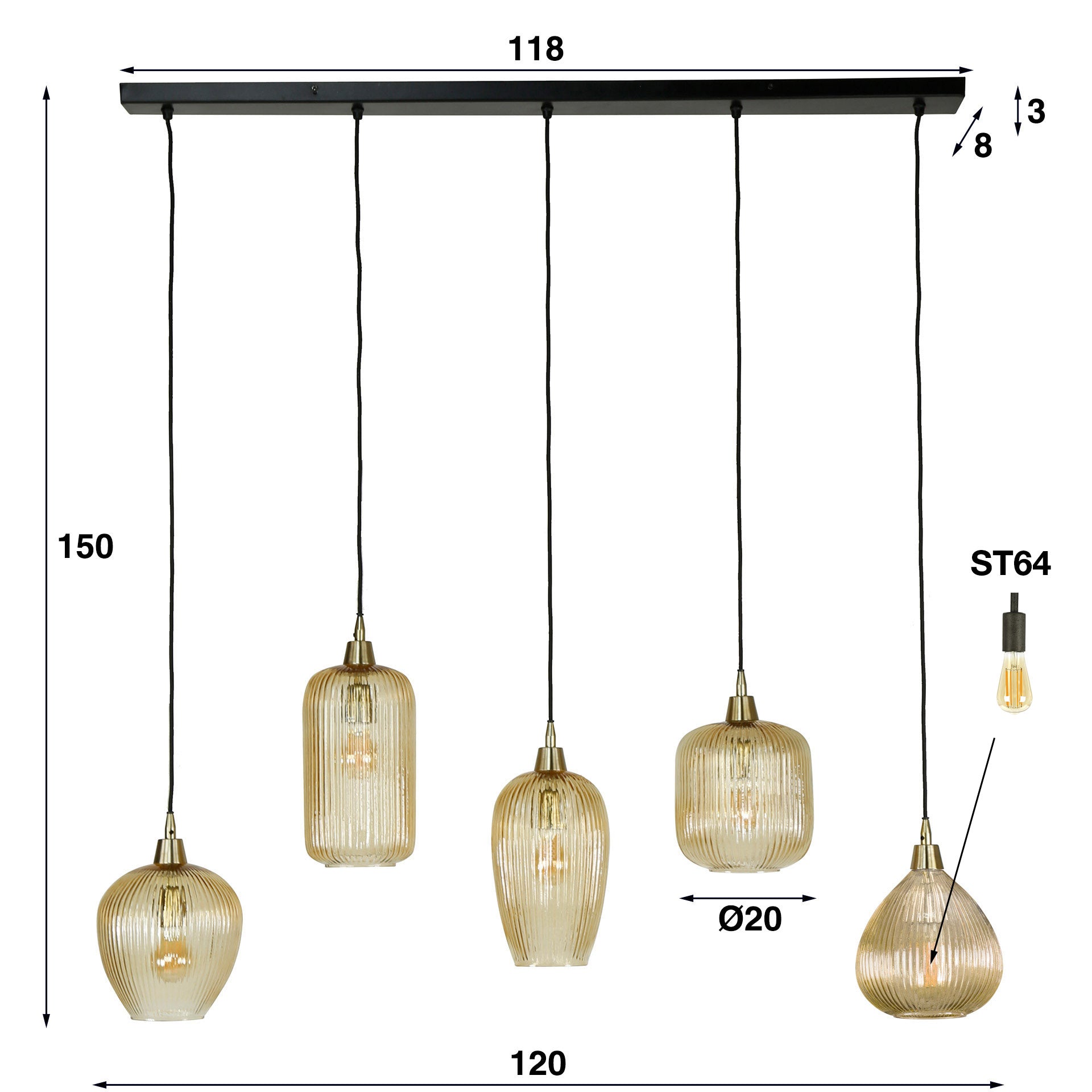 Hanglamp Stripe 5 Lichts Amber Glas