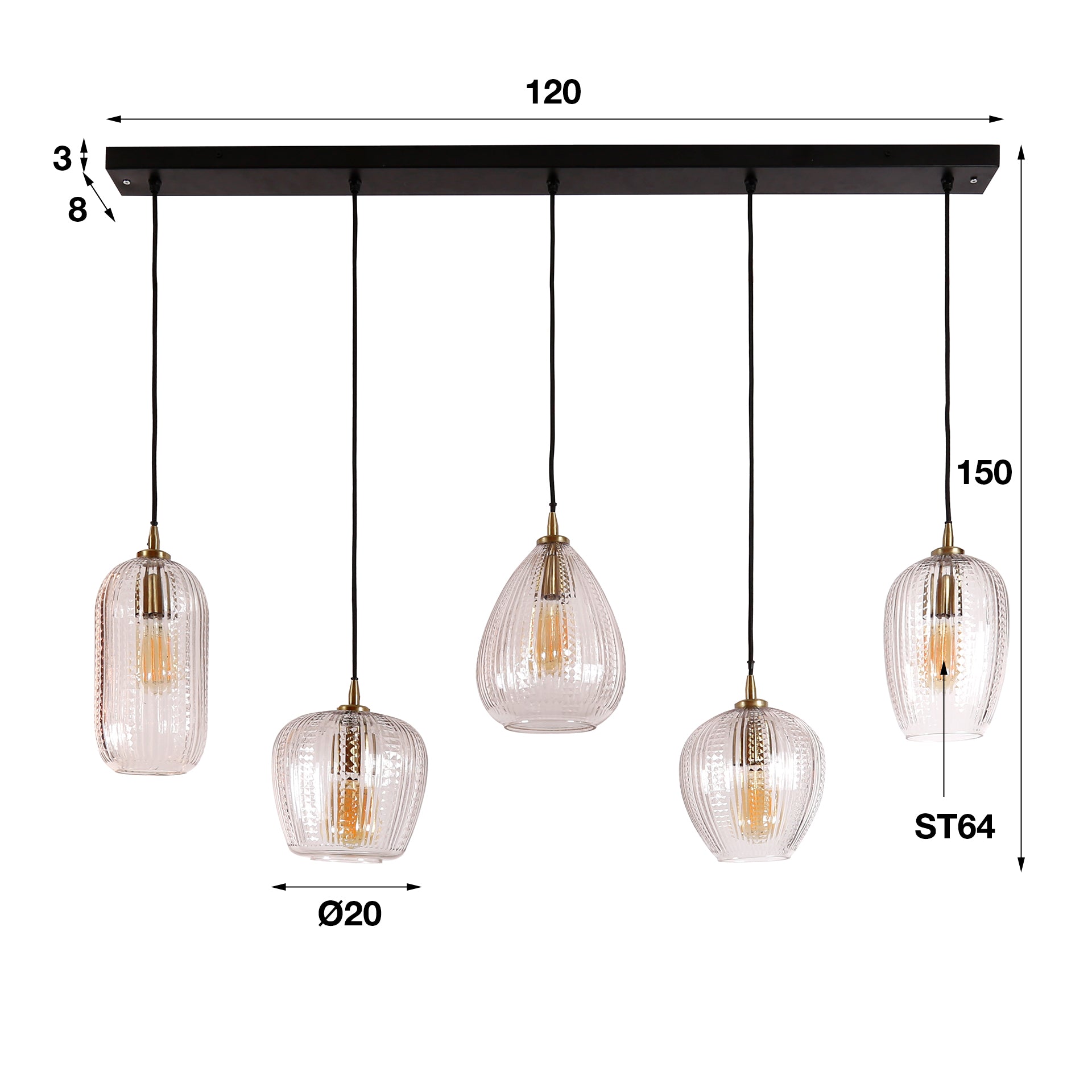 Hanglamp Diamond Grain 5 Lichts Diamant Glas