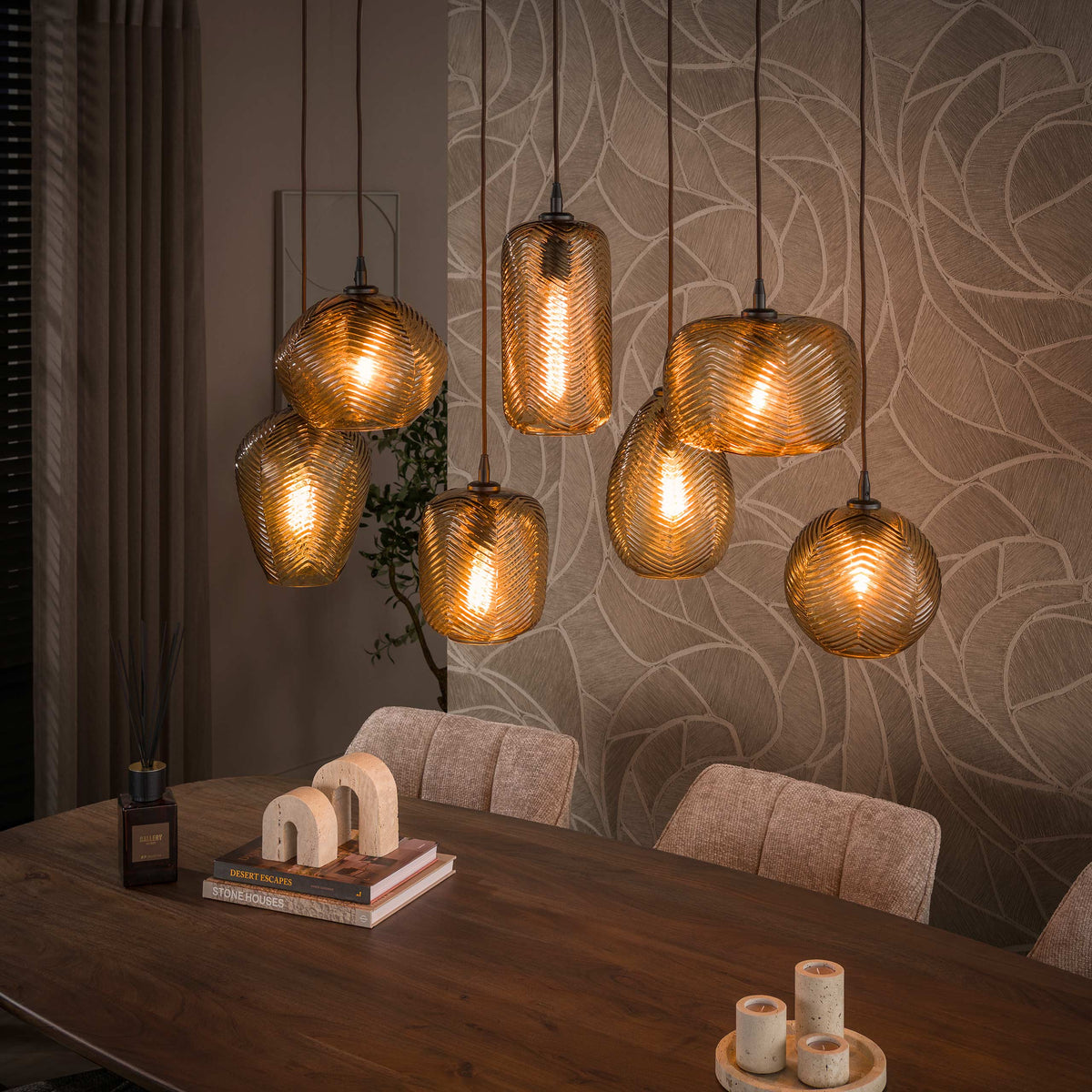 Hanglamp Chevron 4+3-lichts / Smoke bruin glas