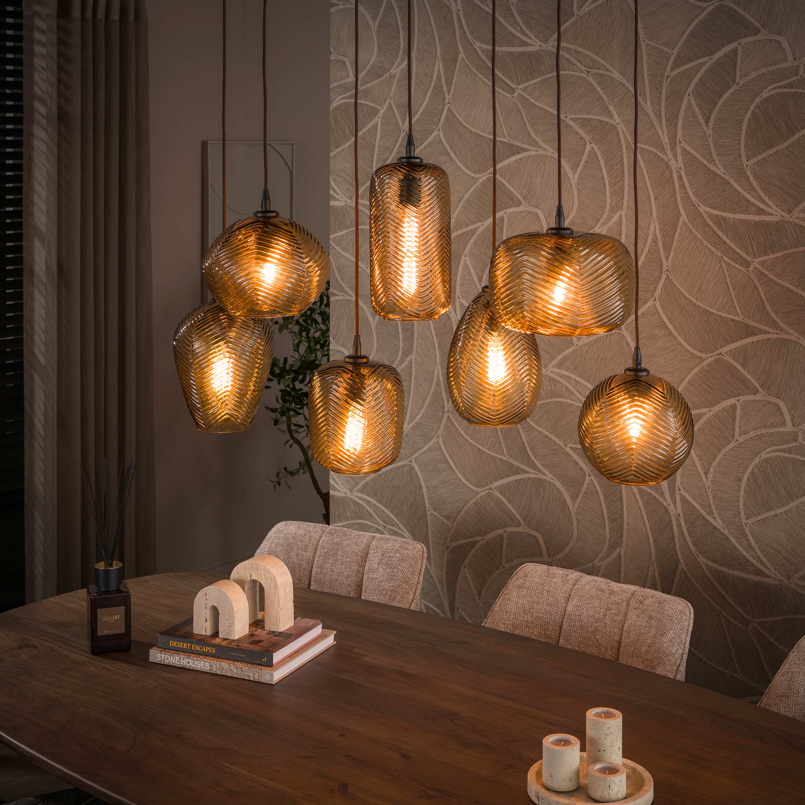 Hanglamp Chevron 4+3-lichts / Smoke bruin glas