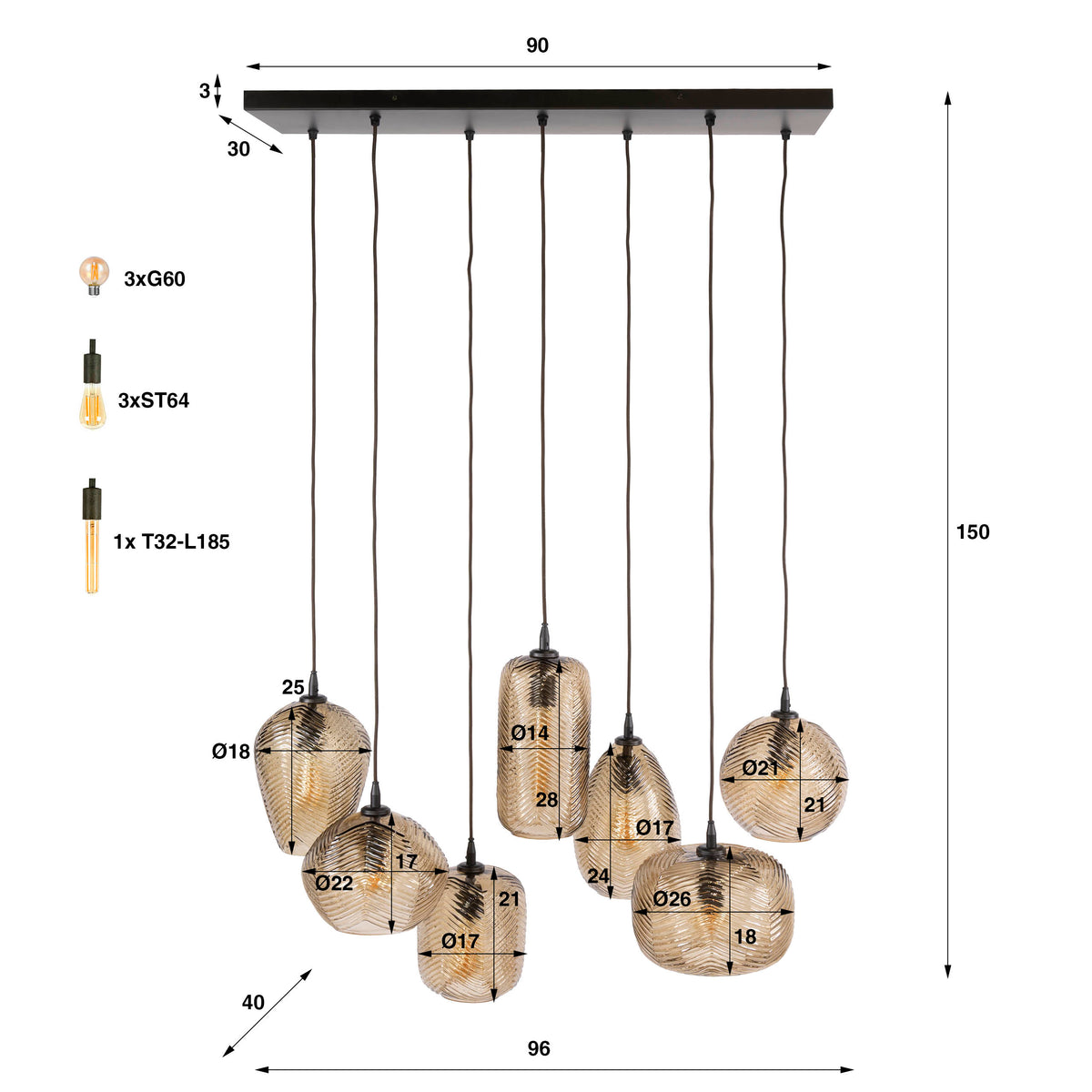 Hanglamp Chevron 4+3-lichts / Smoke bruin glas