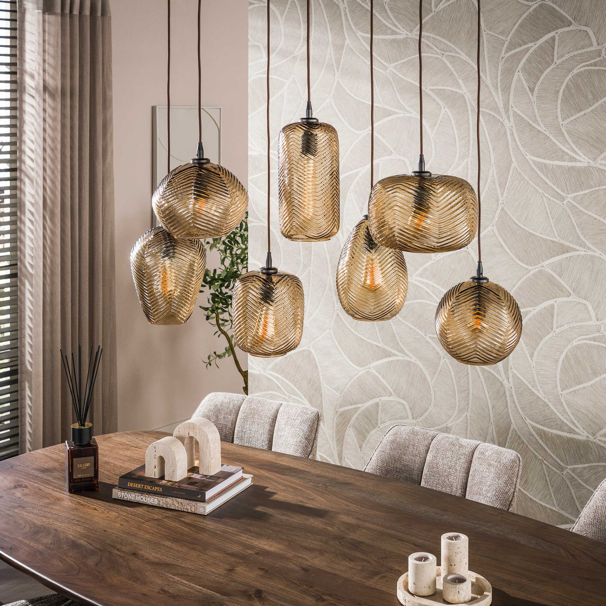 Hanglamp Chevron 4+3-lichts / Smoke bruin glas