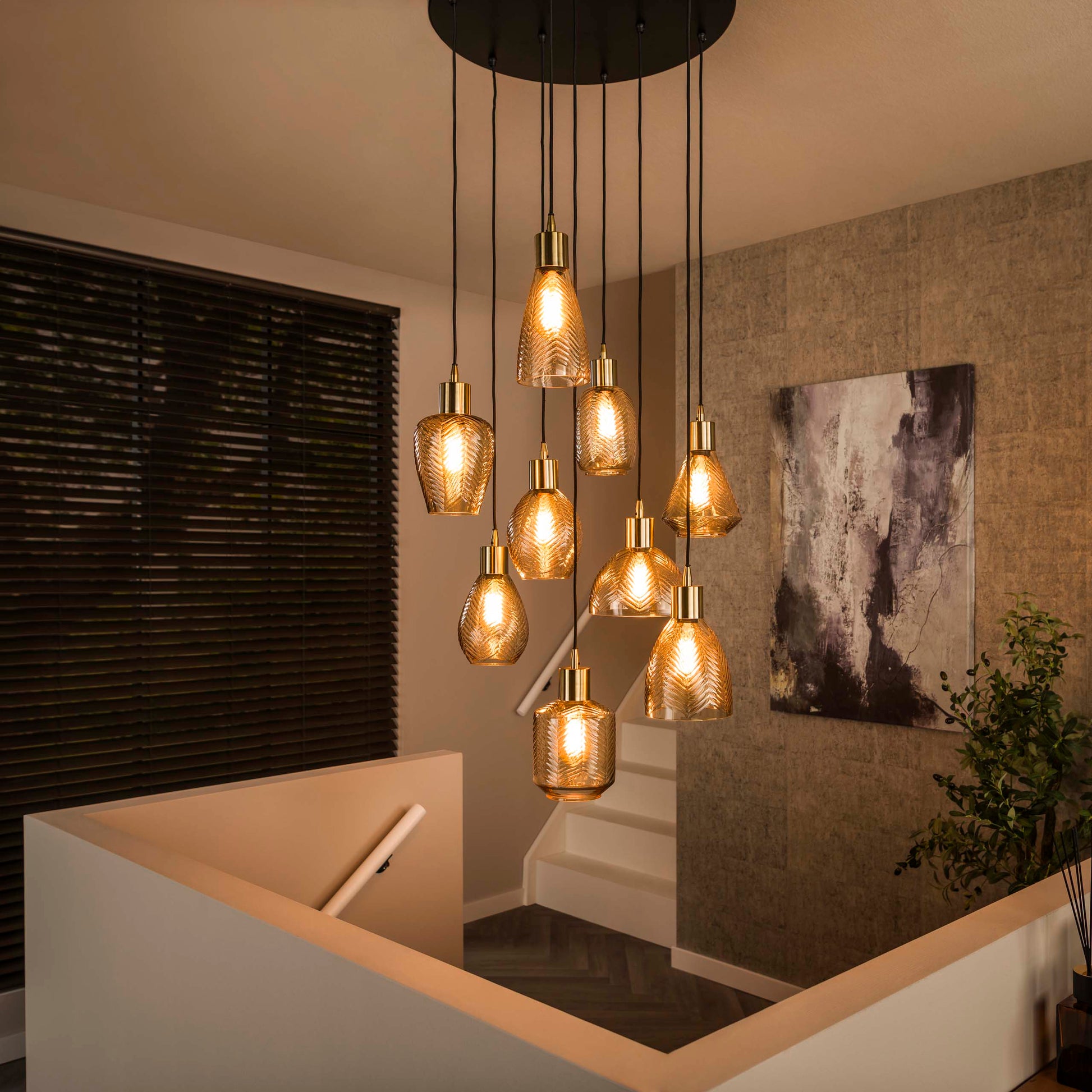 Hanglamp Leaf getrapt 9-lichts / Amber glas