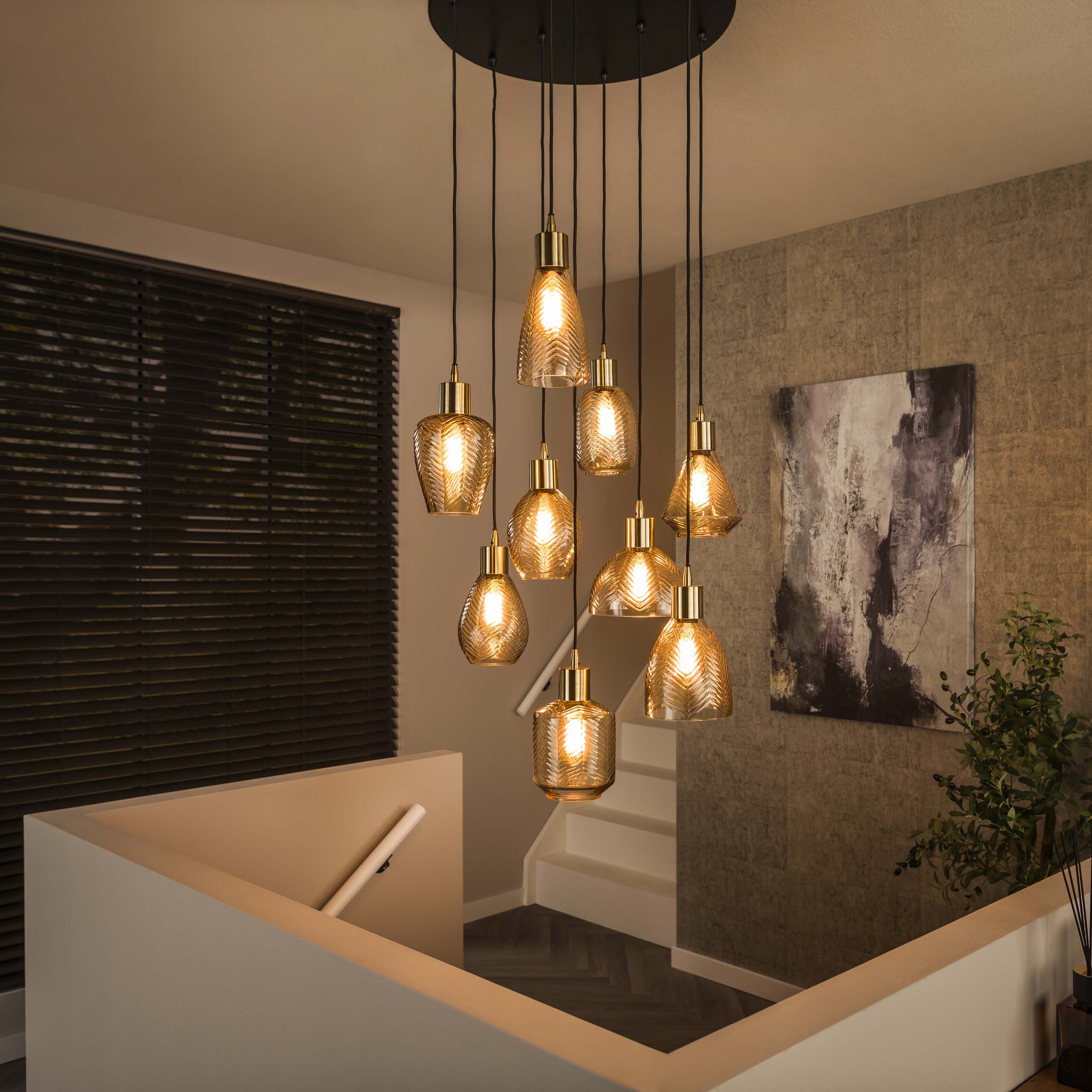 Hanglamp Leaf getrapt 9-lichts / Amber glas