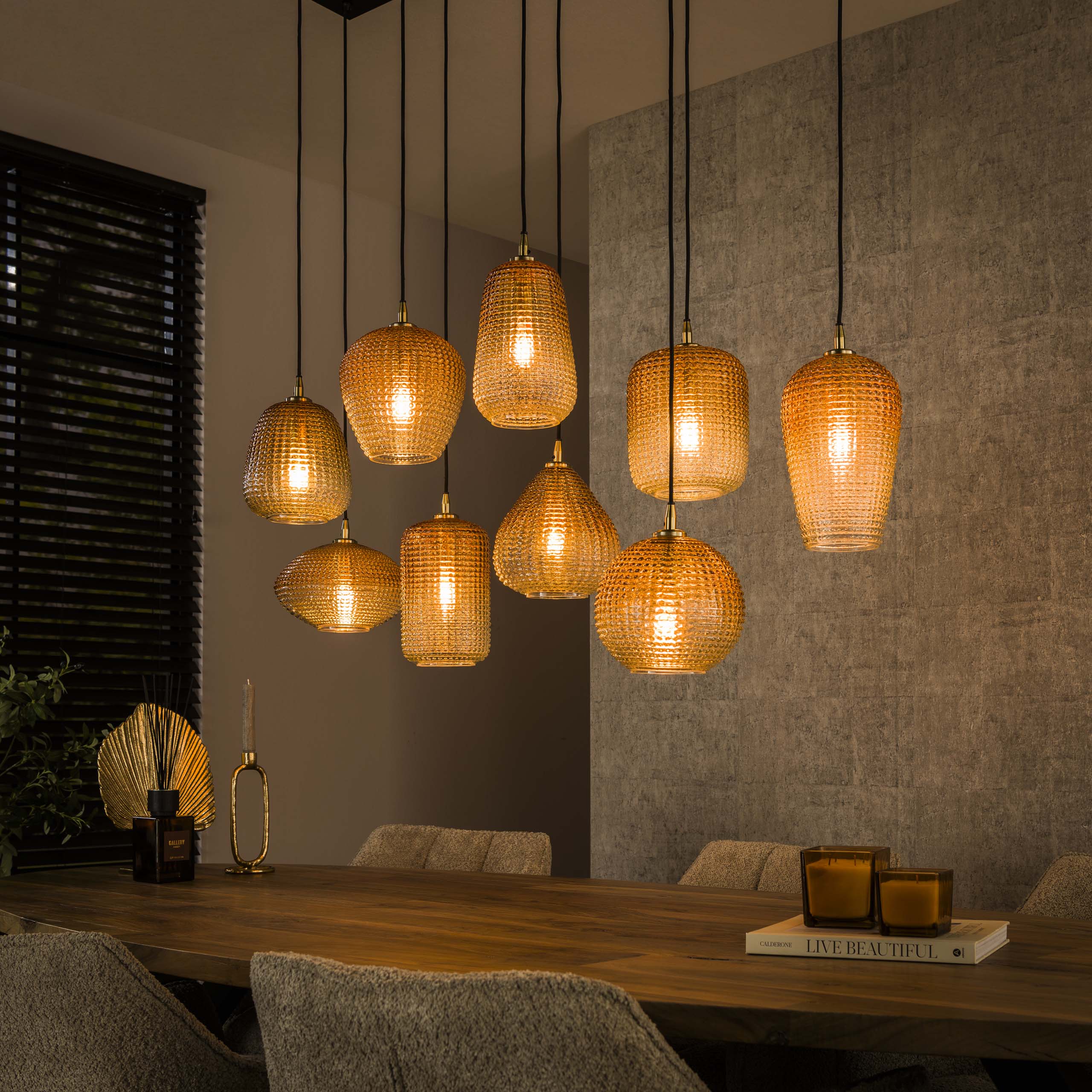 Hanglamp Dot 5+4-lichts / Amber glas