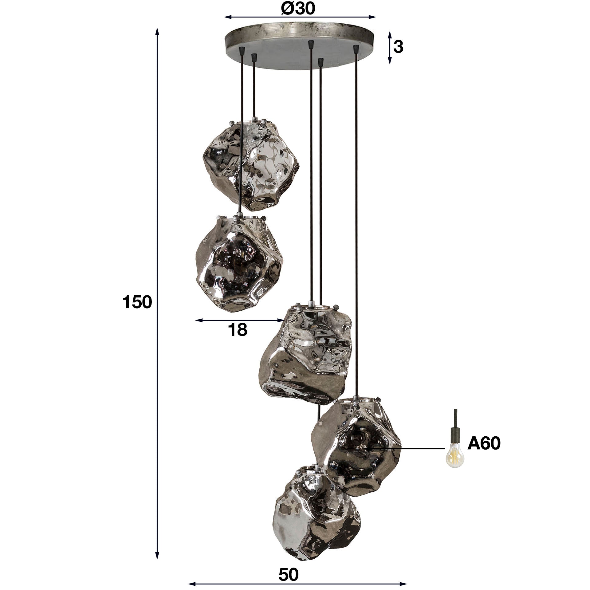 Hanglamp Rock Getrapt 5 Lichts Chroom Glas