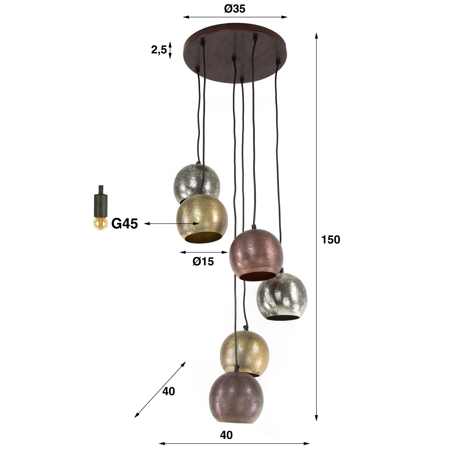 Hanglamp Bol Metal Getrapt 6 Lichts Mat Nikkel Mix