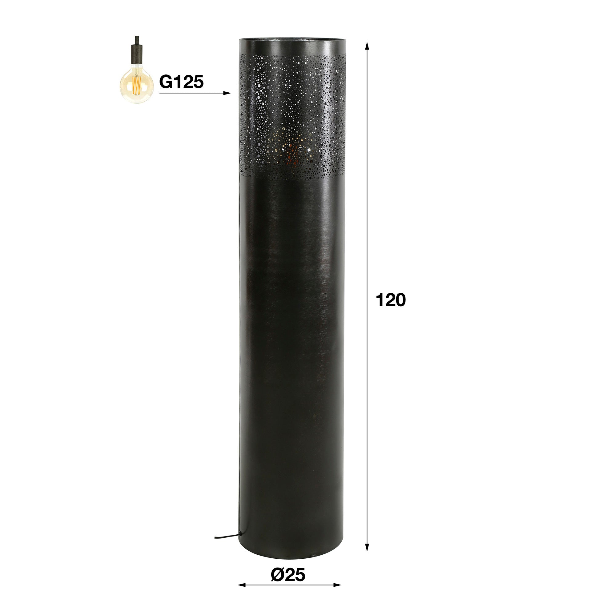 Vloerlamp Cylinder Glow 1 Lichts 120Cm Zwart Nikkel