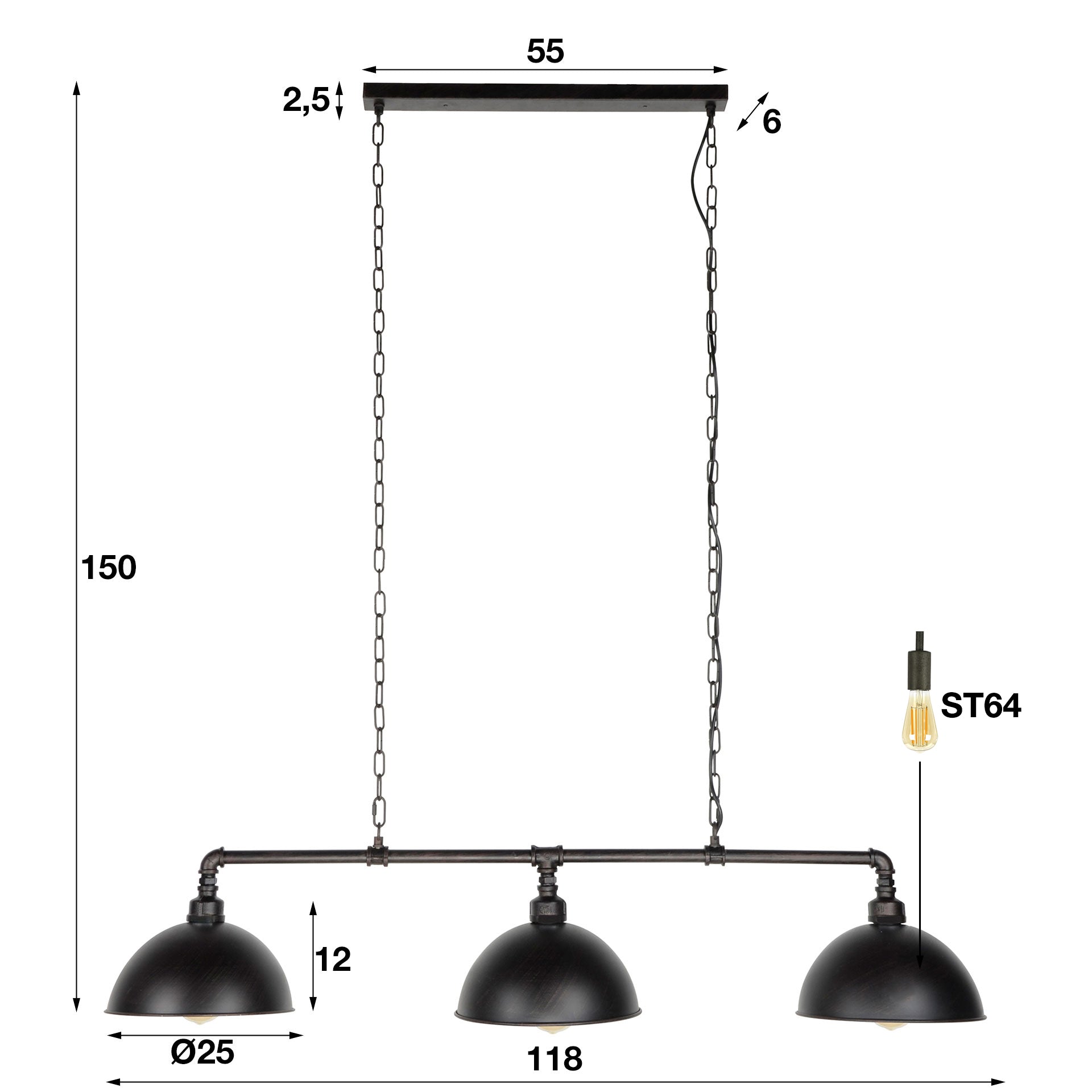 Hanglamp Industrial Tube 3 Lichts Zwart