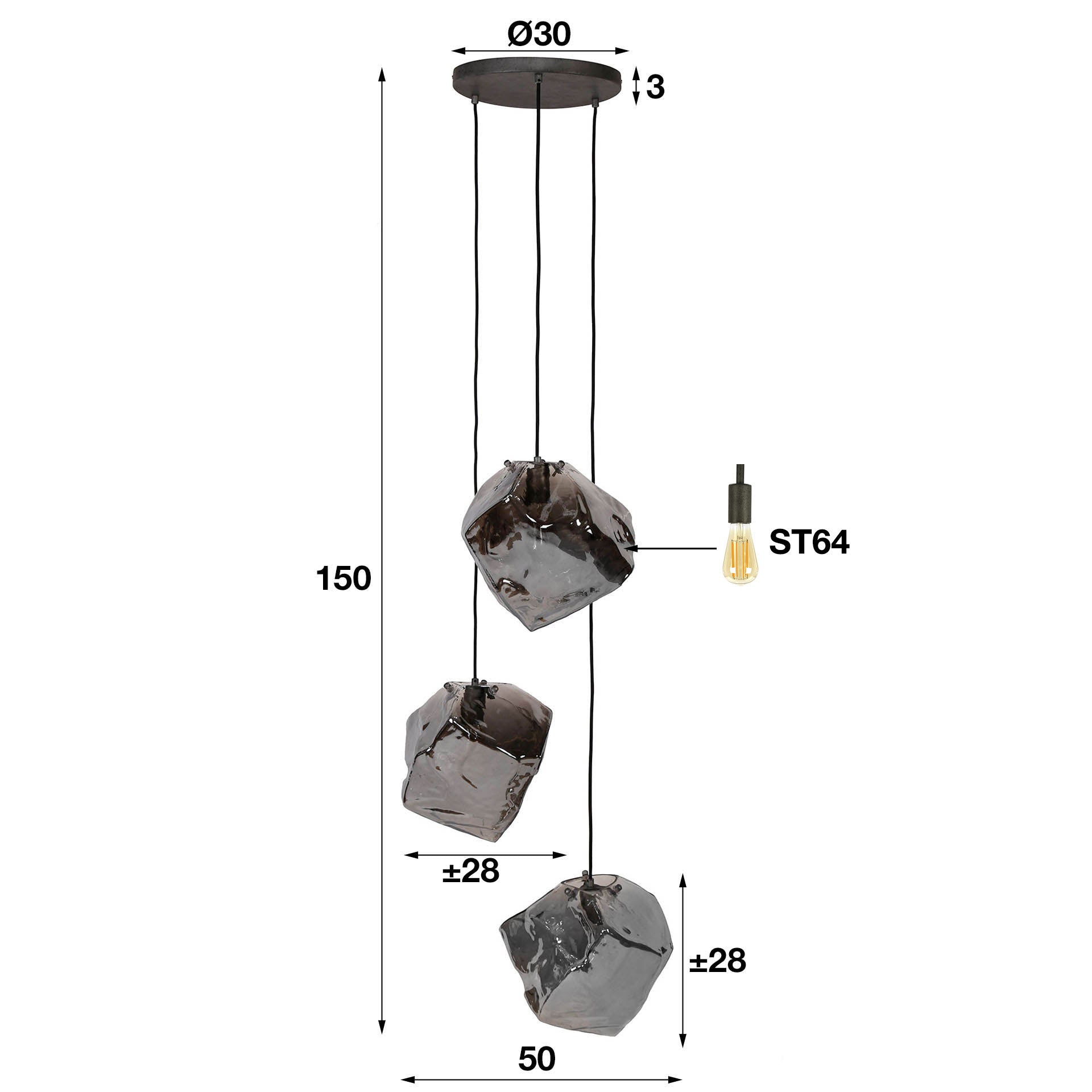 Hanglamp Rock Getrapt 3 Lichts Chroom Glas