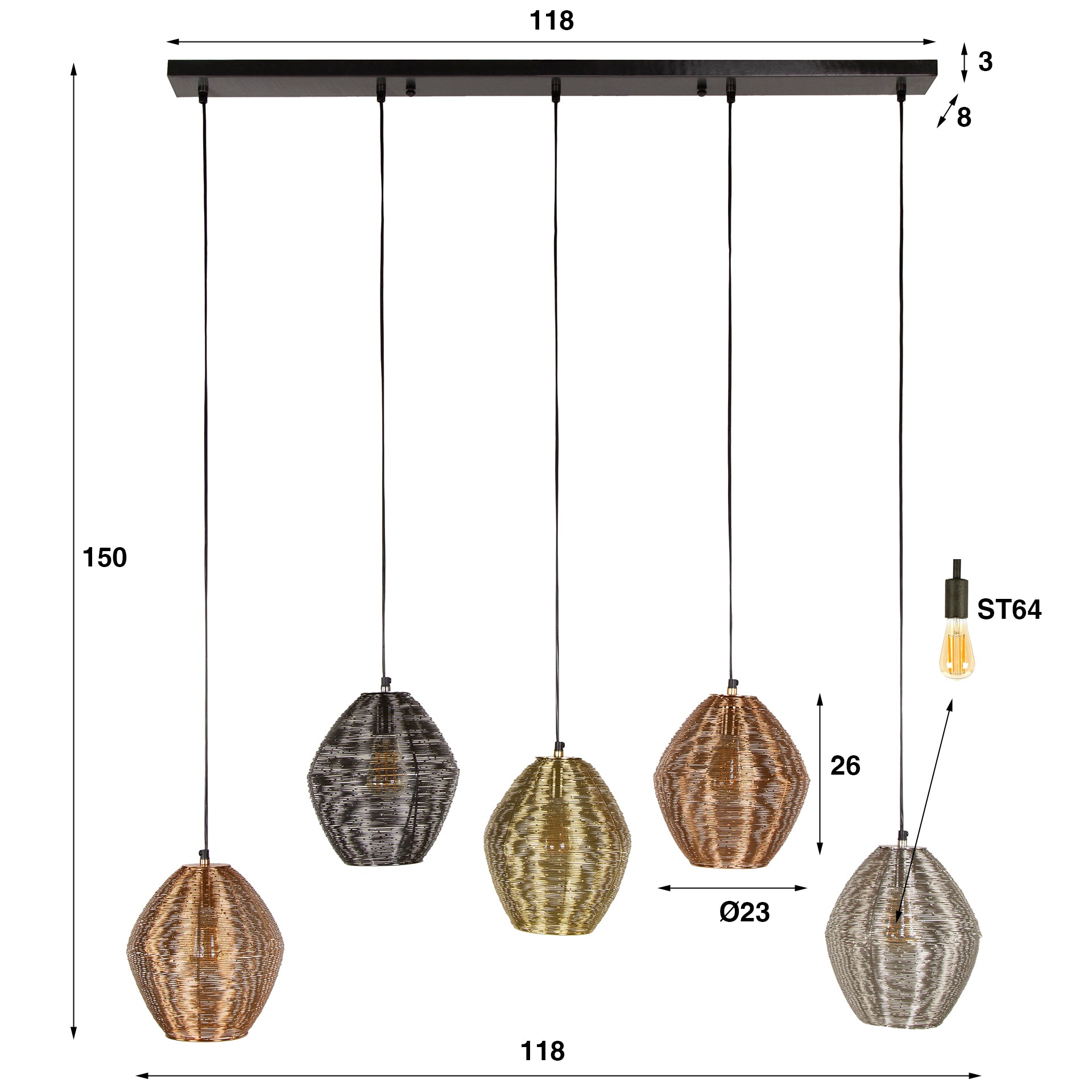 Hanglamp Web 5 Lichts Mat Nikkel Mix