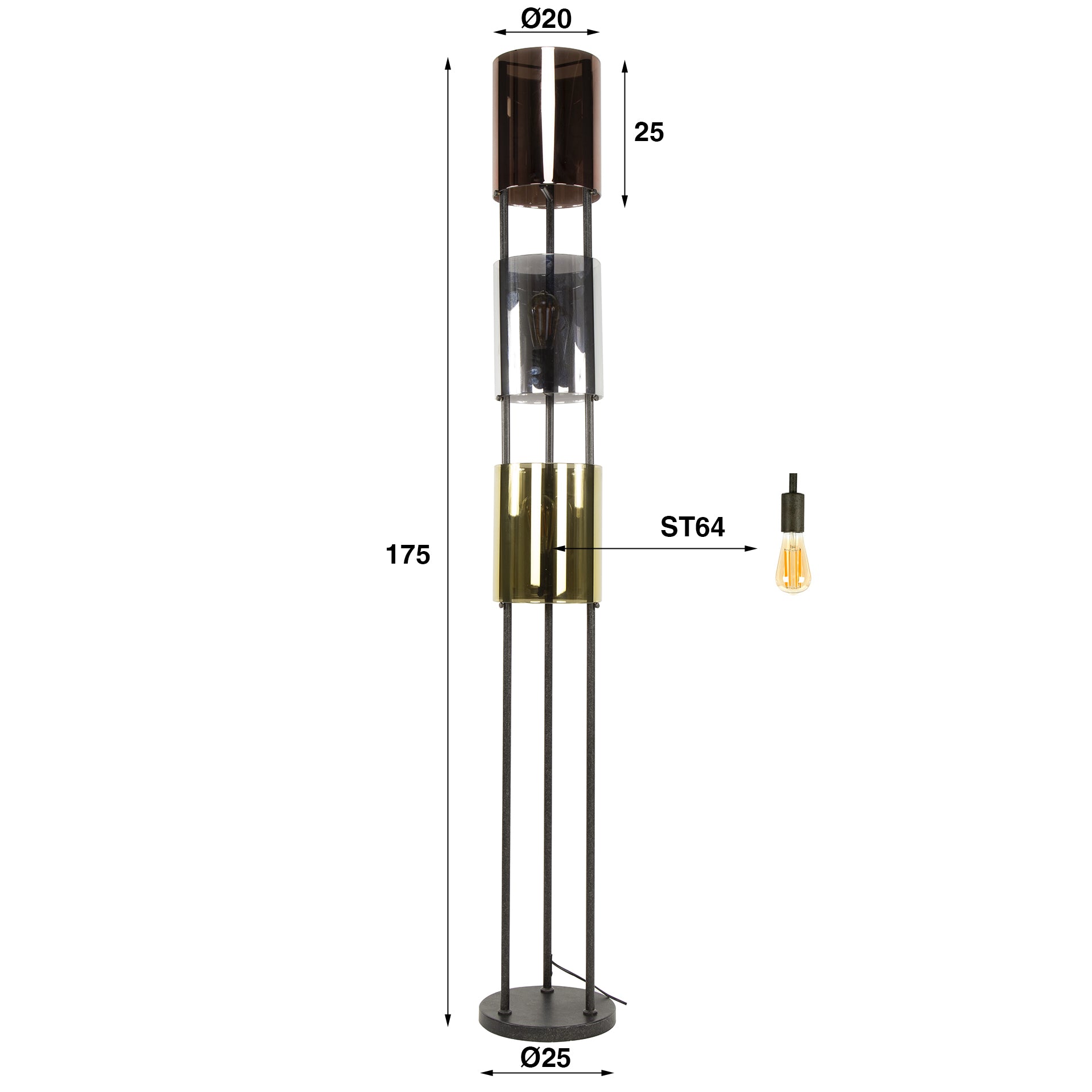 Vloerlamp Lucente Tricolore 3 Lichts Artic Zwart