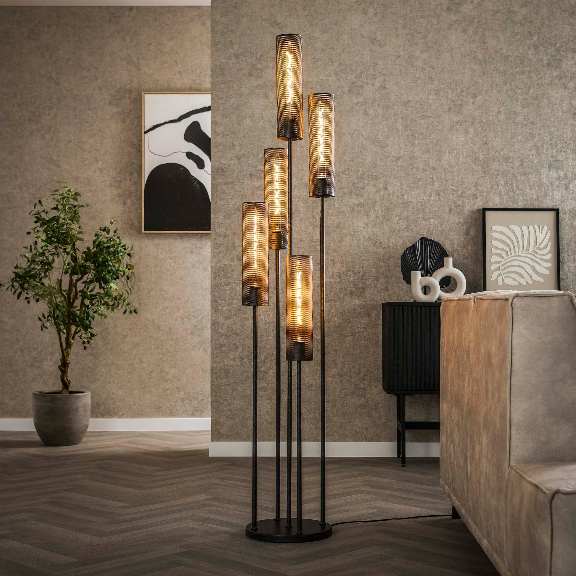 Vloerlamp Tube Mesh getrapt 5-lichts / Artic zwart