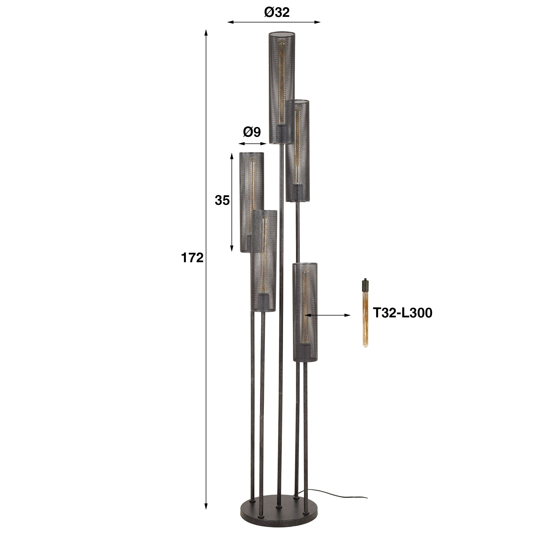 Vloerlamp Tube Mesh Getrapt 5 Lichts Artic Zwart