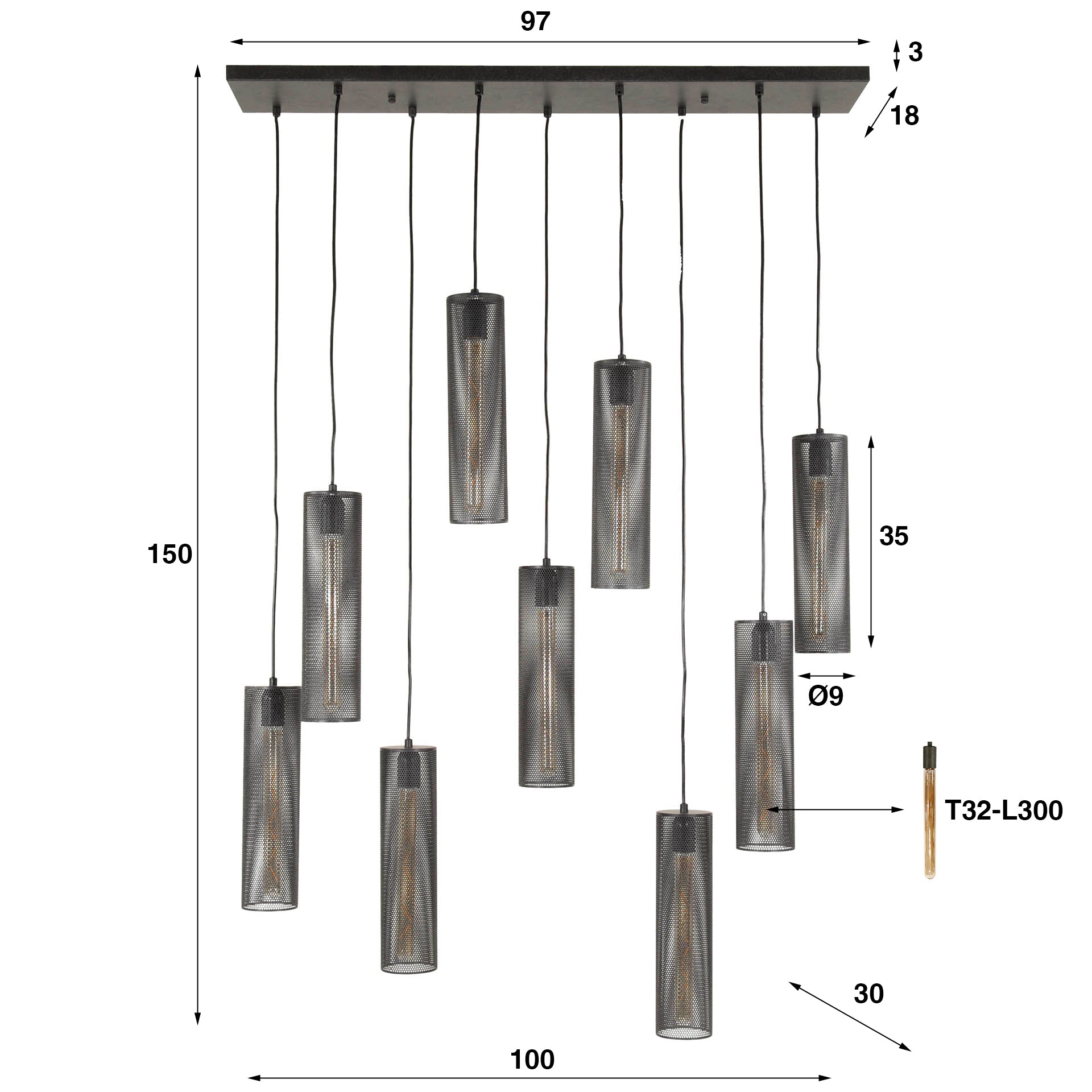 Hanglamp Tube Mesh 5 4 Lichts Artic Zwart