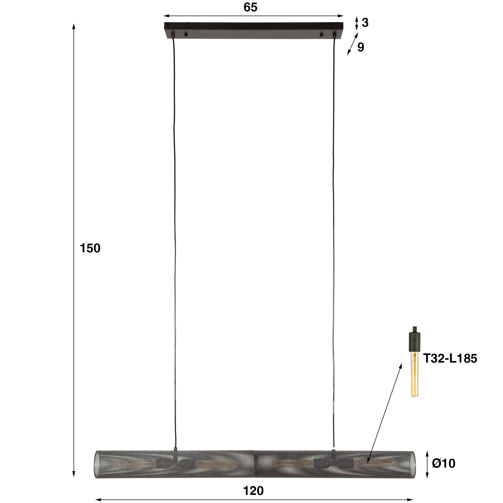 Hanglamp Tube Mesh 4 Lichts 120Cm Artic Zwart